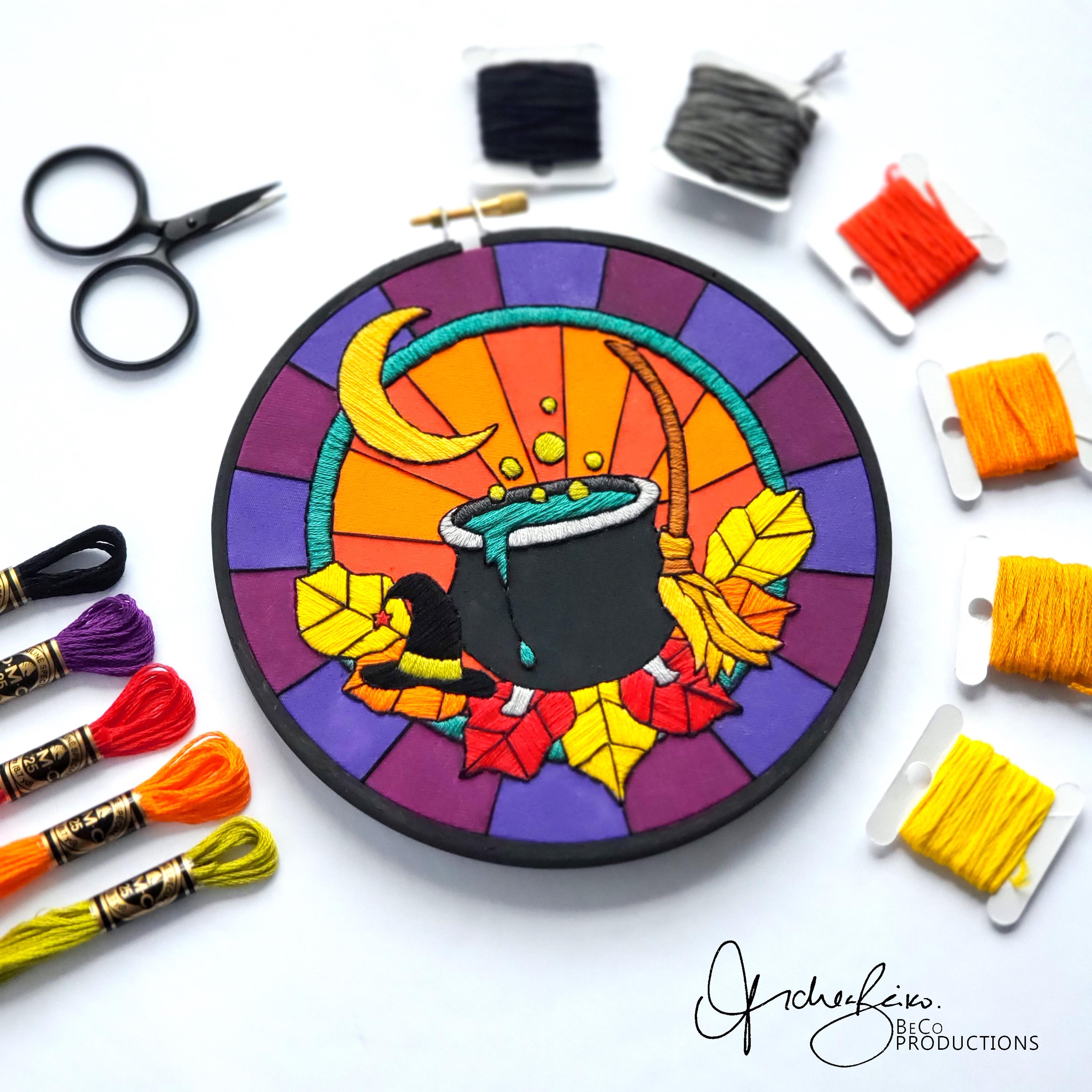 Stained Glass Halloween Witches Cauldron - PDF Digital Download Embroidery Pattern & Guide