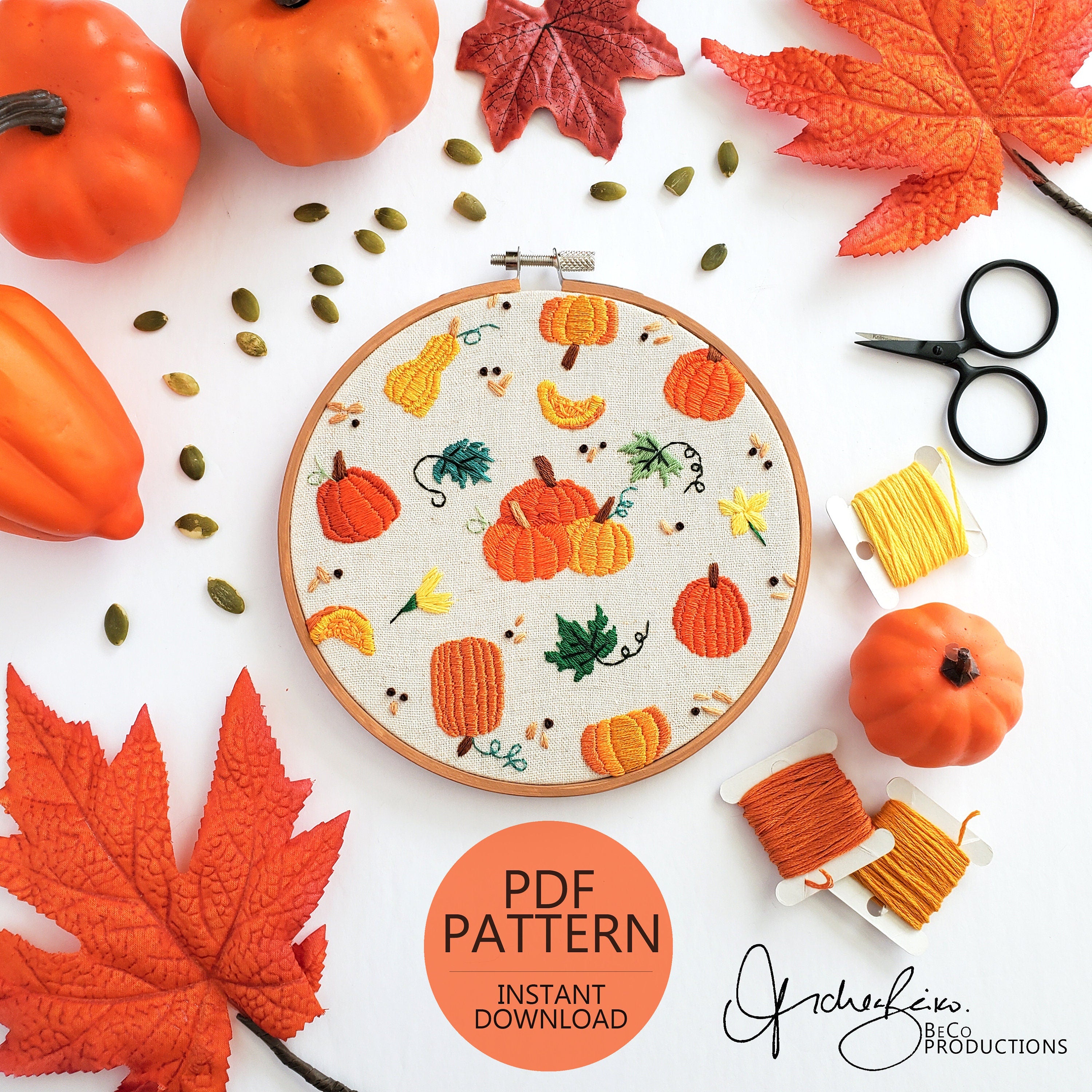 Pumpkin Life Cycle Print - PDF DIgital Download Embroidery Pattern & Guide