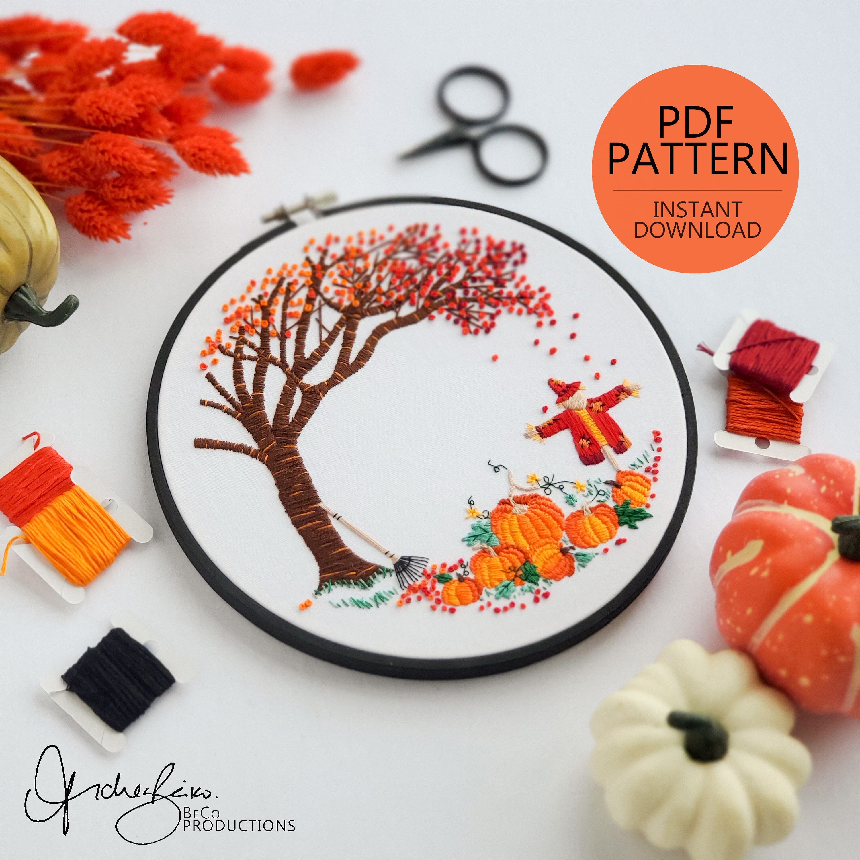 Fall Pumpkin Patch - PDF Digital Download Embroidery Pattern & Guide