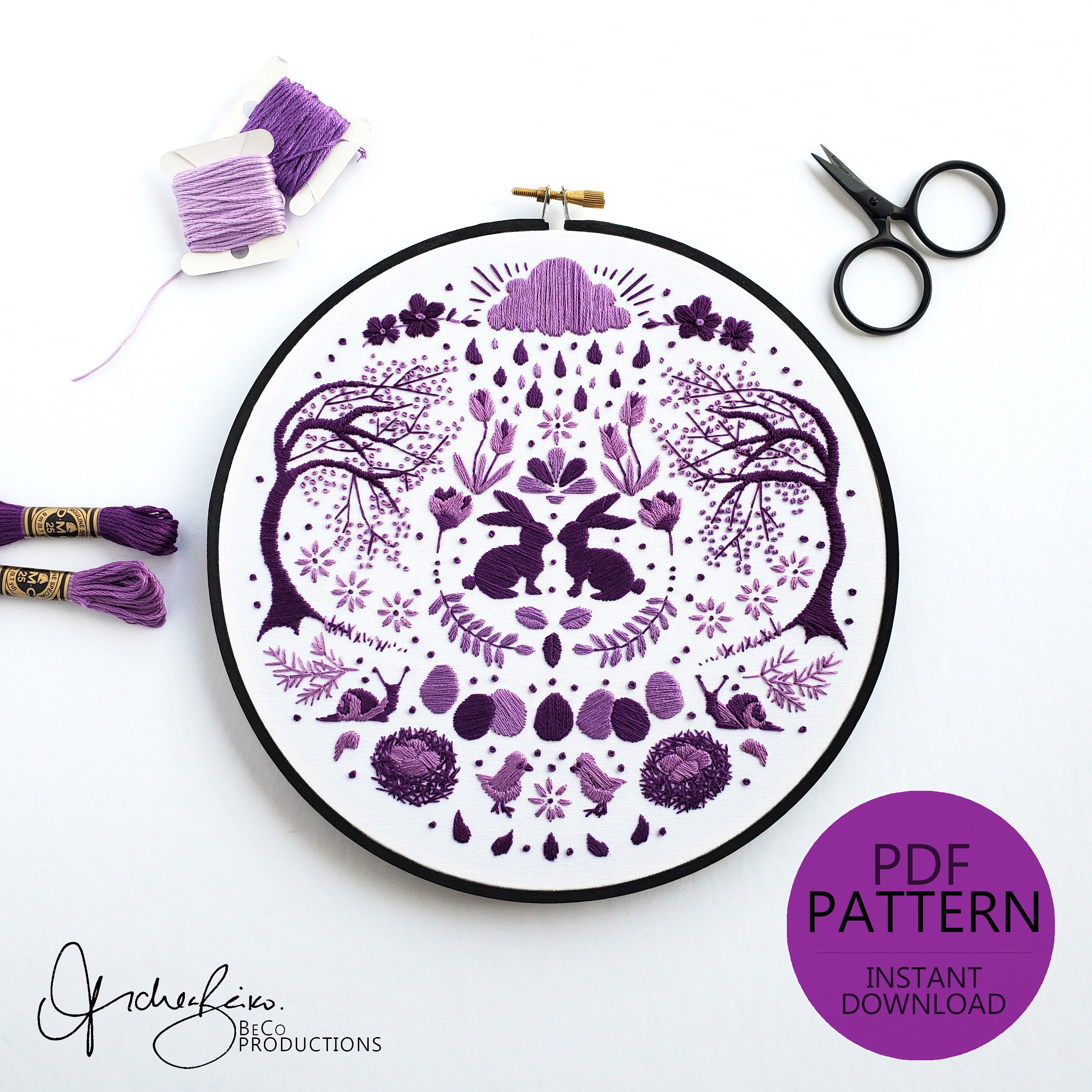 APRIL Monthly Monochromatic Folk Art Inspired Series - PDF Digital Download Embroidery Pattern & Guide