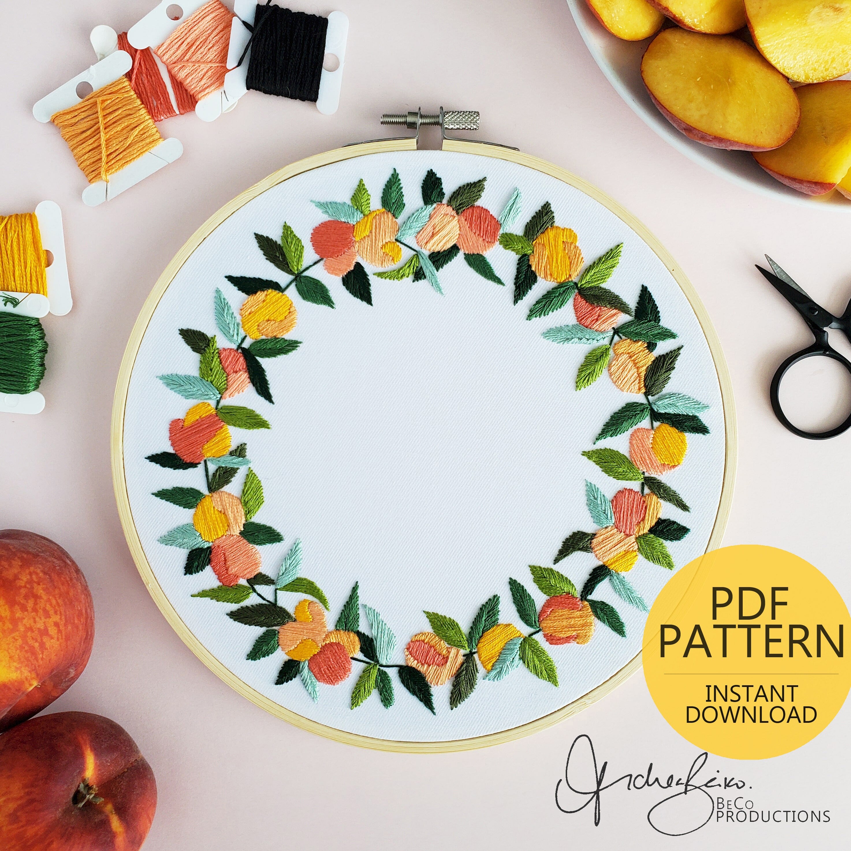 Just Peachy Full Peach Wreath - PDF Digital Download Embroidery Pattern & Guide