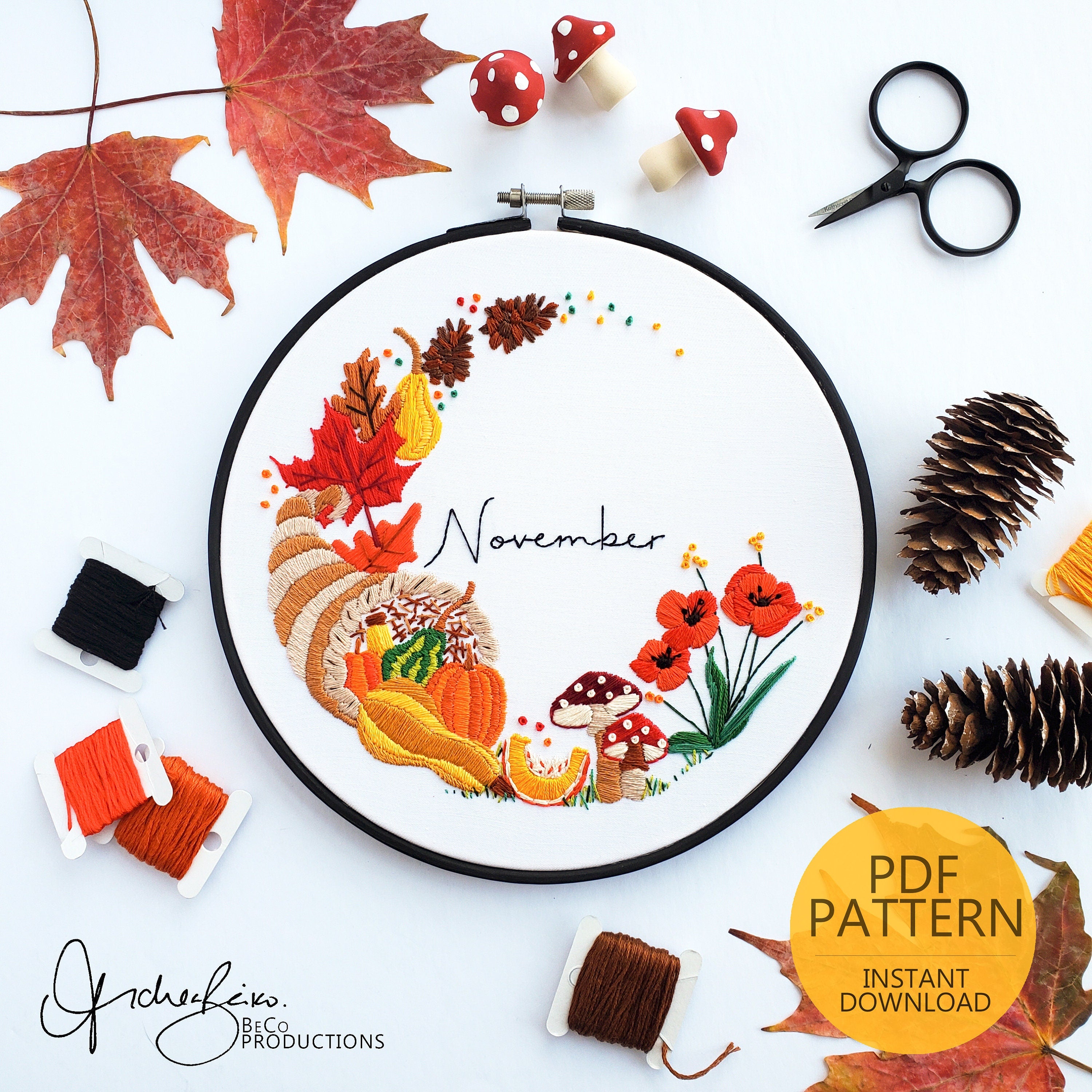NOVEMBER Monthly Series Wreath - PDF Digital Download Embroidery Pattern & Guide