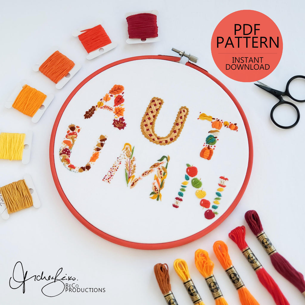 Autumn Text - PDF Digital Download Embroidery Pattern & Guidech