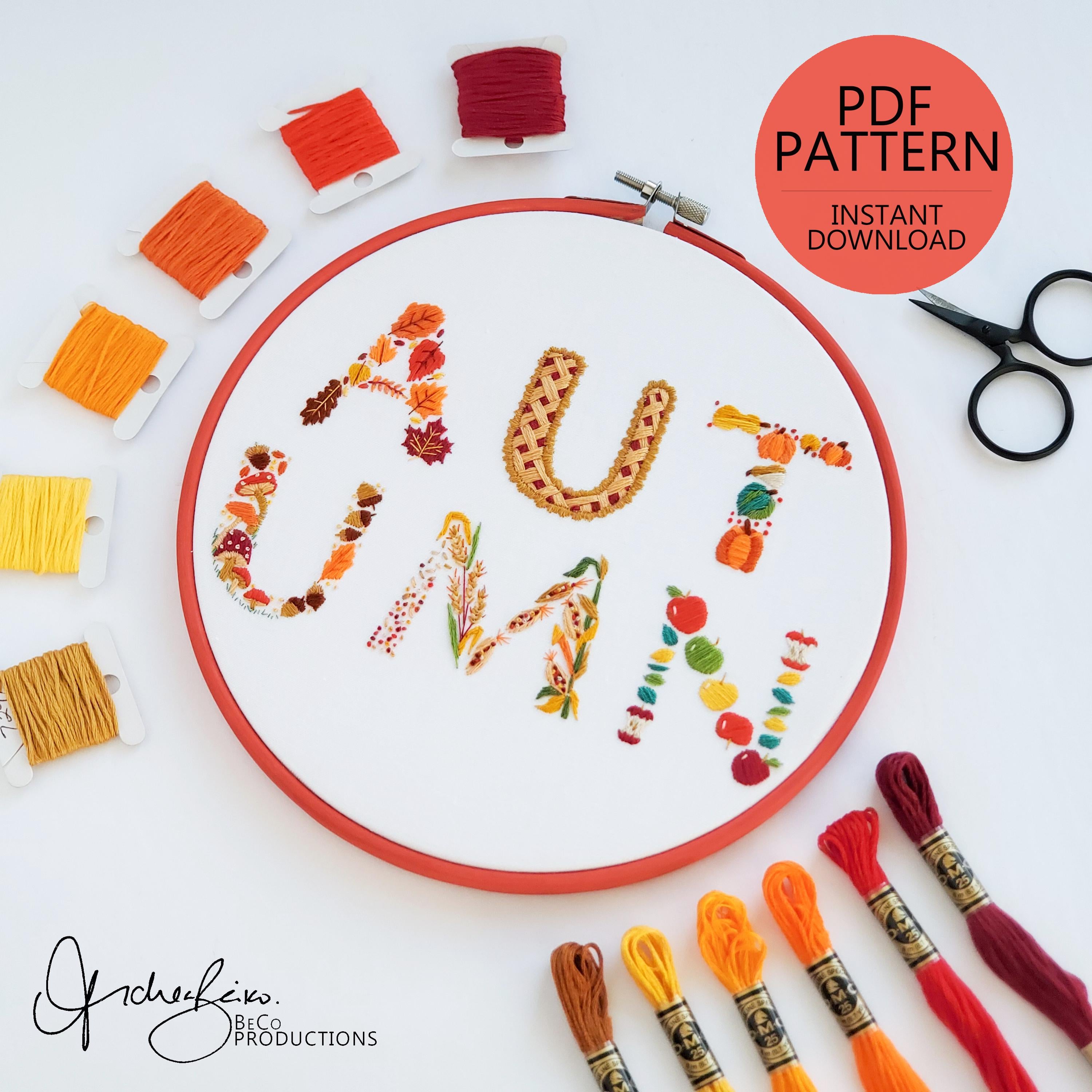 Autumn Text - PDF Digital Download Embroidery Pattern & Guidech