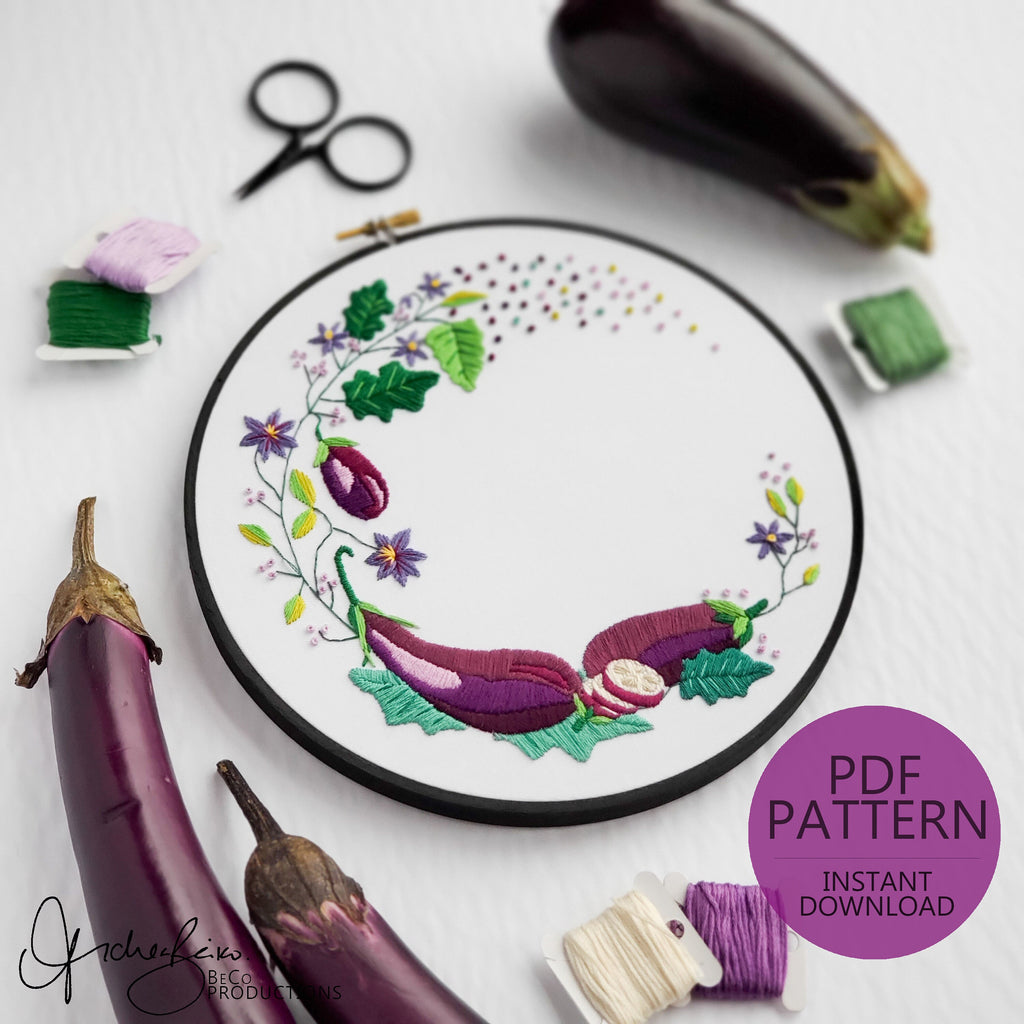 Eggplant Wreath- PDF Digital Download Embroidery Pattern & Guide