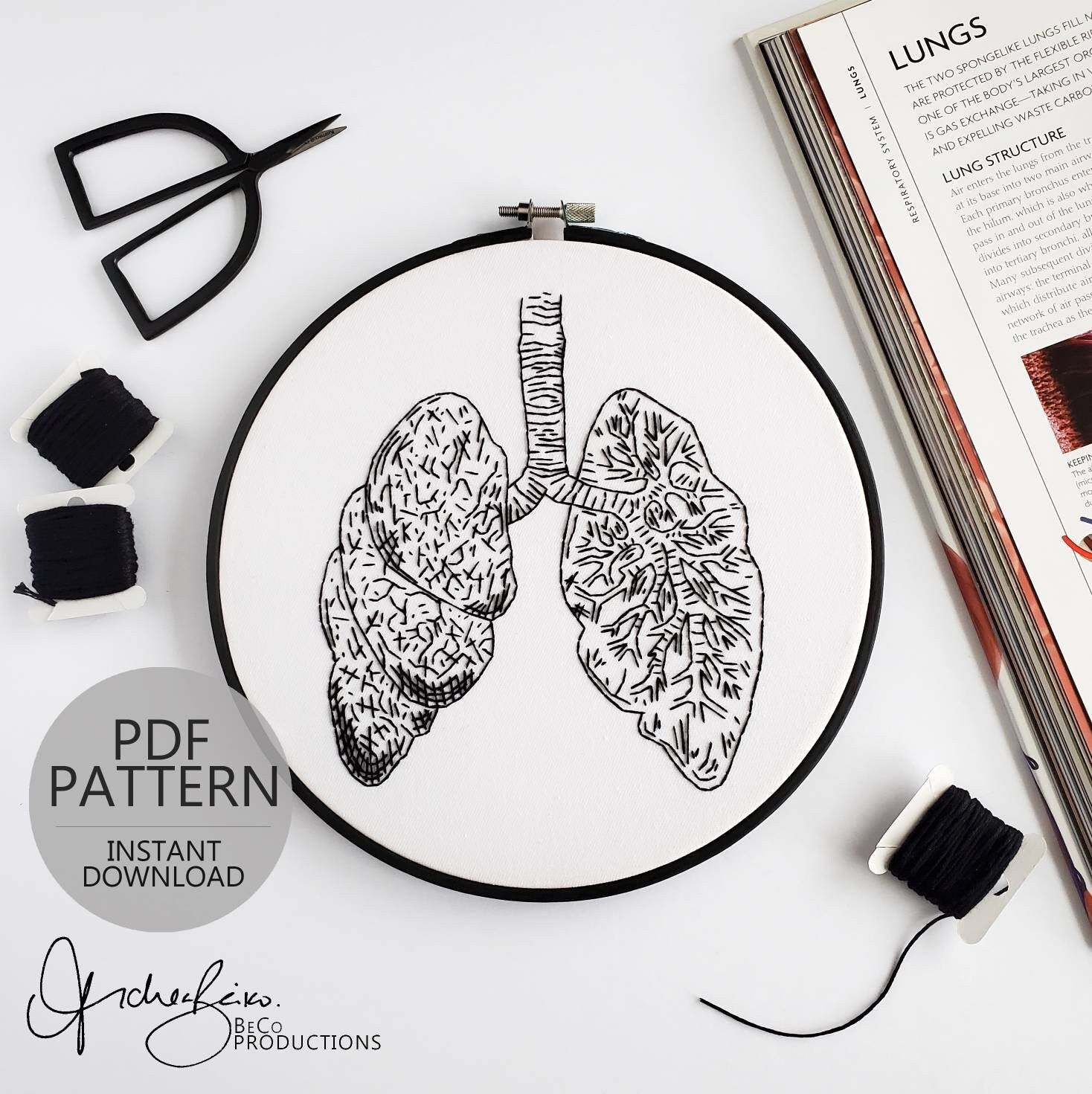 Lungs Anatomy - PDF Digital Download Embroidery Pattern & Guide