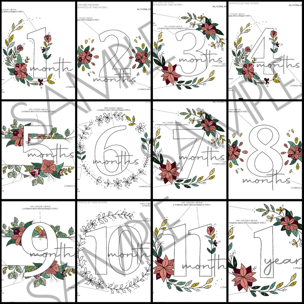 Baby Floral Milestones (6inch Hoops - 12 Patterns Total) - PDF Digital Download Embroidery Pattern & Guide