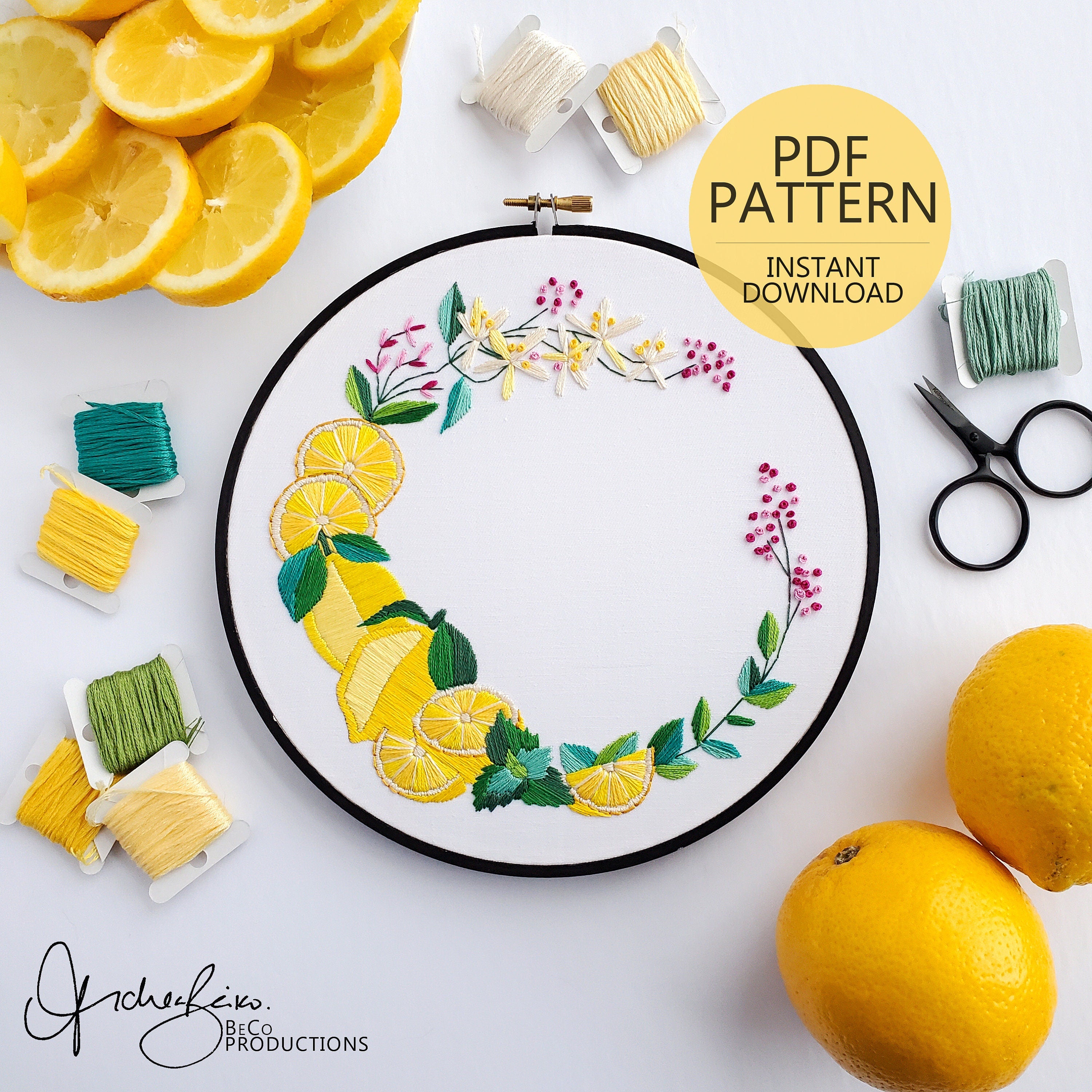 Lemon Wreath - PDF Digital Download Embroidery Pattern & Guide