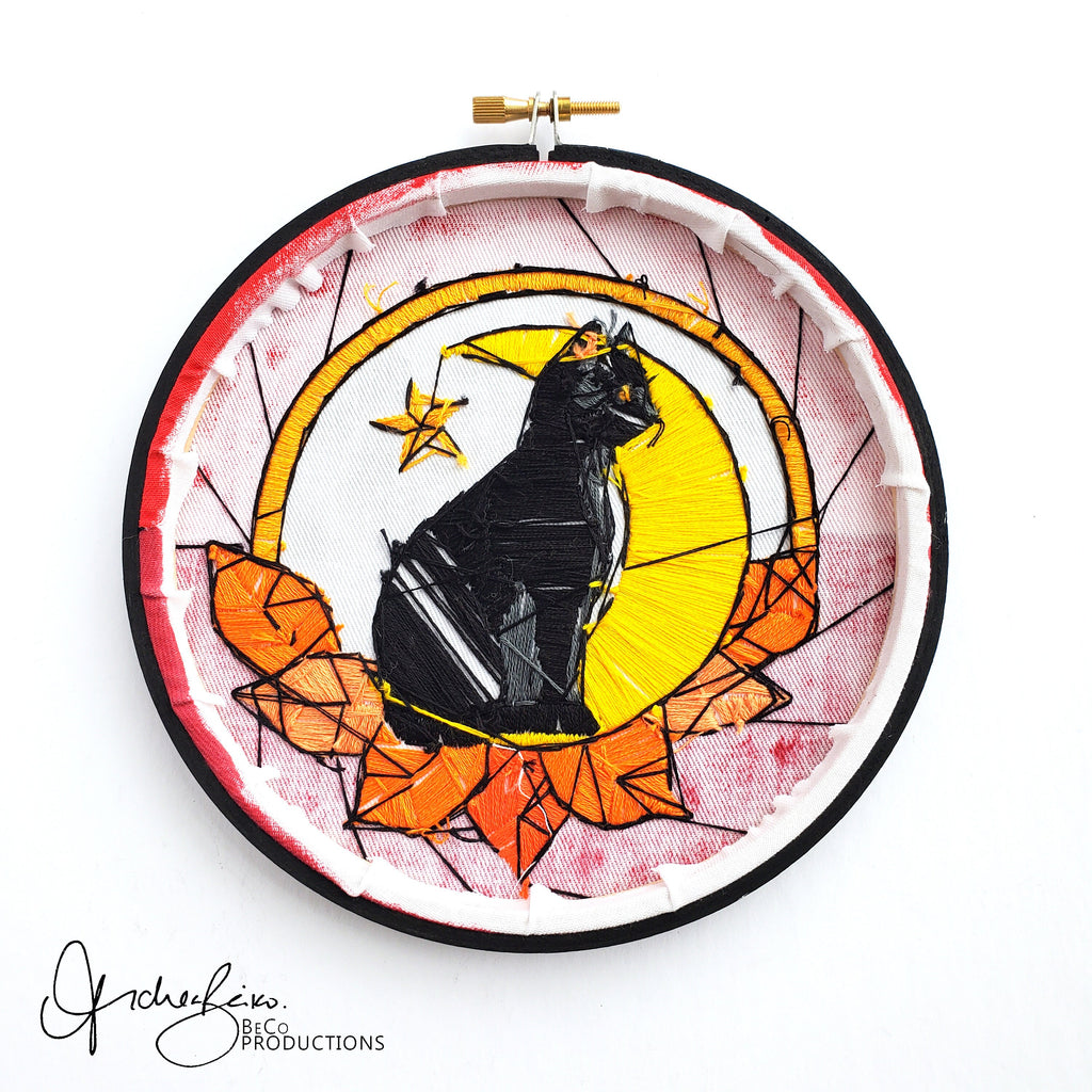 Stained Glass Halloween Black Cat - PDF Digital Download Embroidery Pattern & Guide