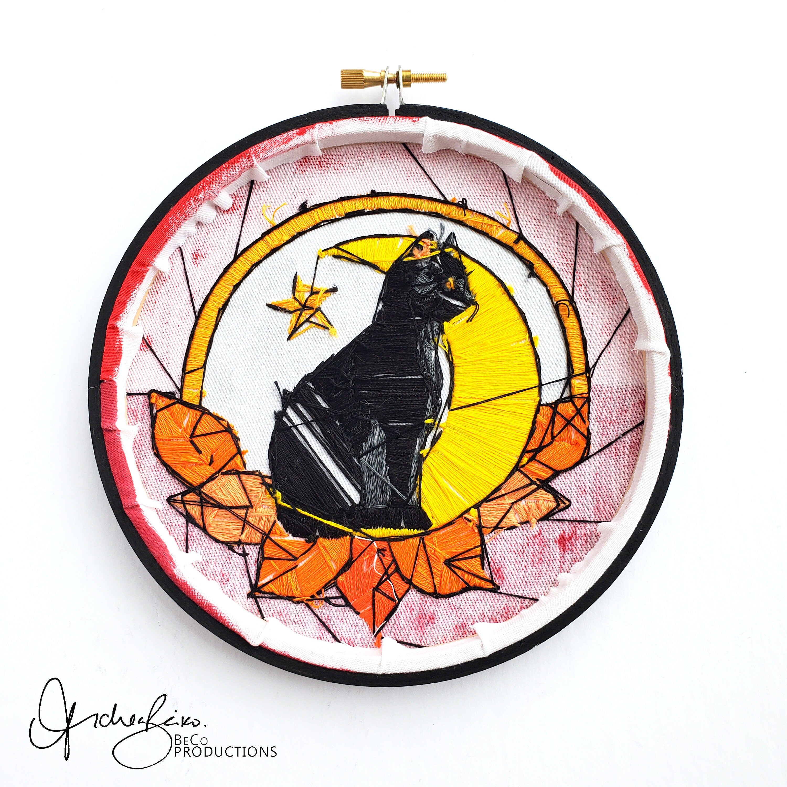 Stained Glass Halloween Black Cat - PDF Digital Download Embroidery Pattern & Guide