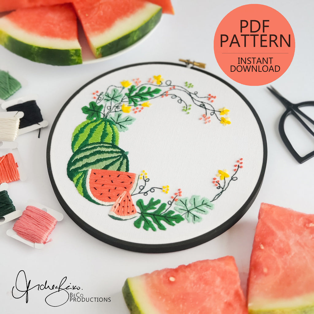 Watermelon Wreath - PDF Digital Download Embroidery Pattern & Guide