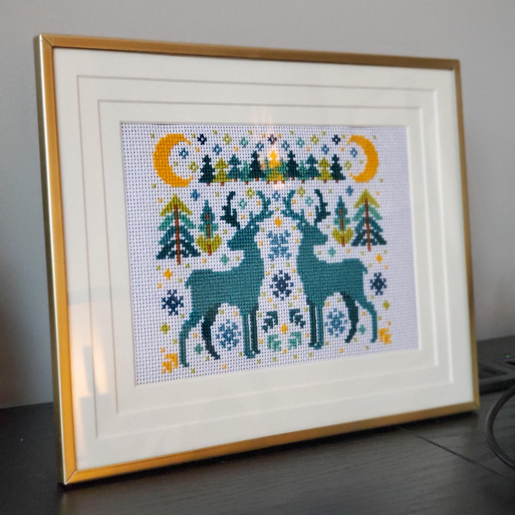 Winter Deer Folk Art Scene - PDF Digital Download Cross Stitch Pattern & Guide