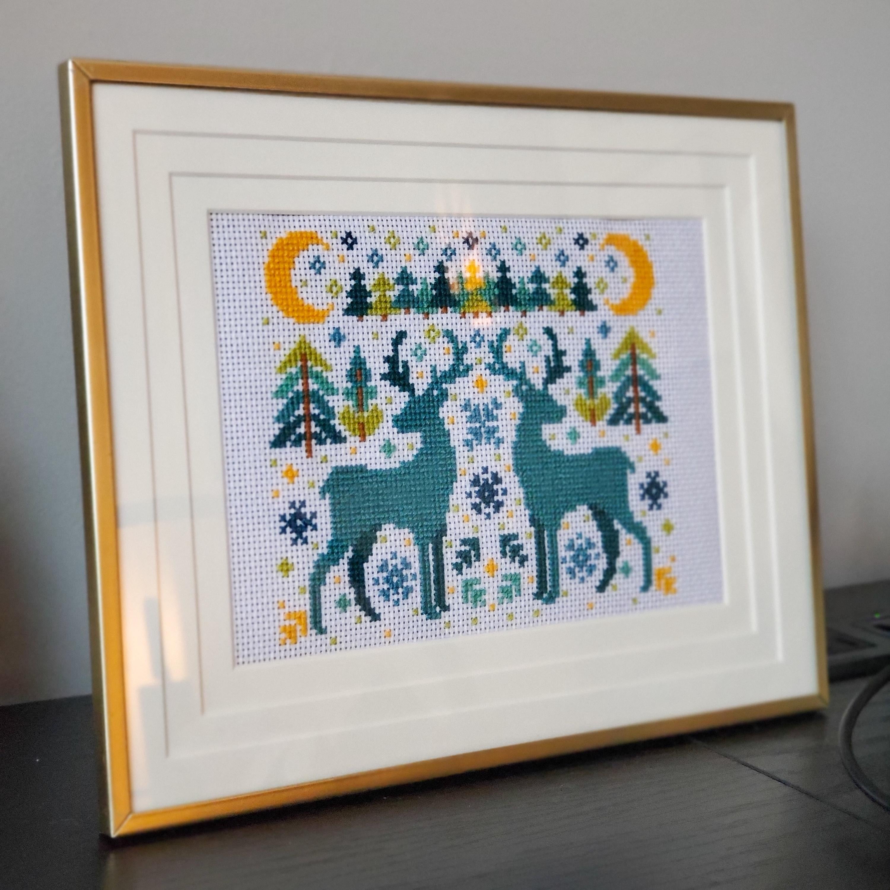 Winter Deer Folk Art Scene - PDF Digital Download Cross Stitch Pattern & Guide
