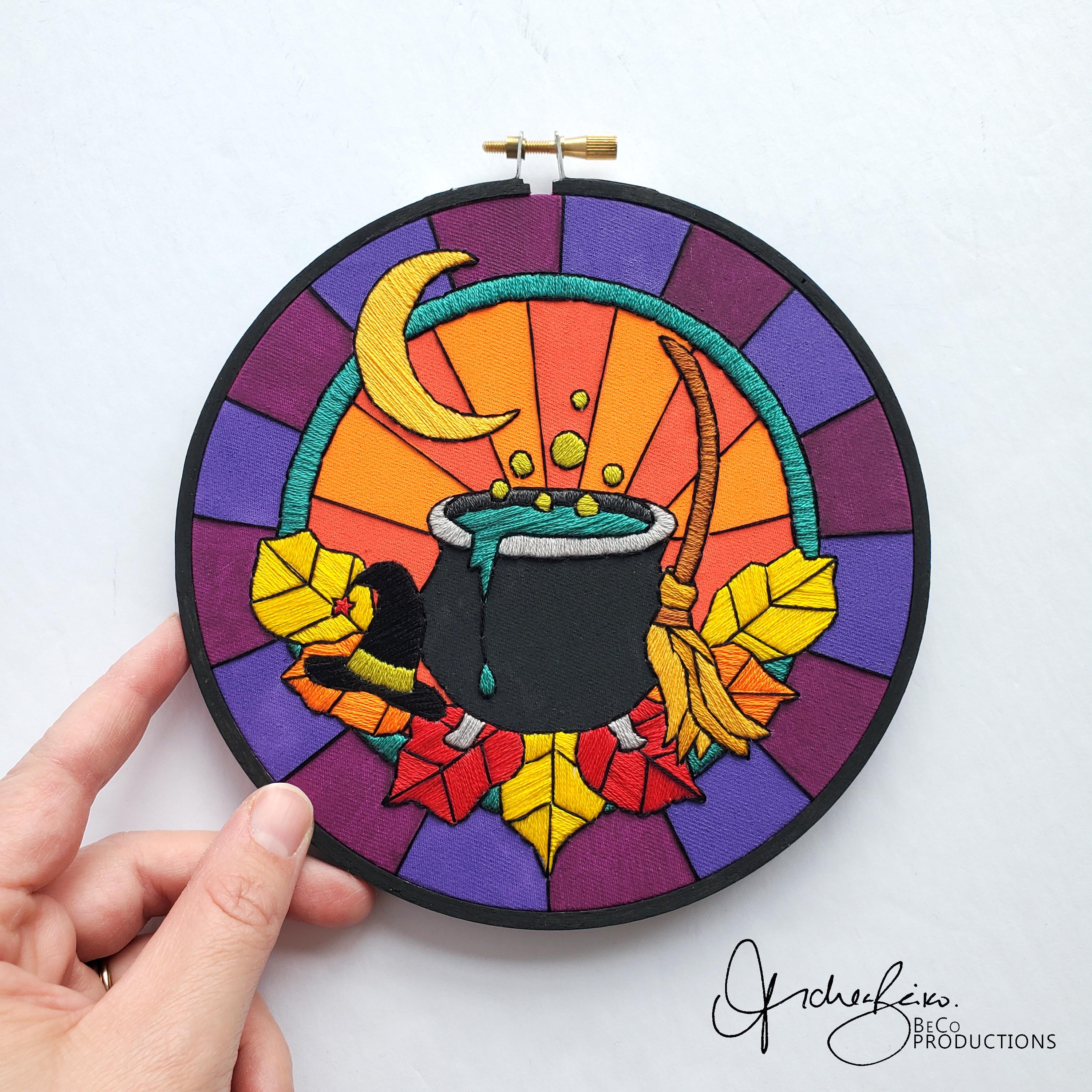 Stained Glass Halloween Witches Cauldron - PDF Digital Download Embroidery Pattern & Guide