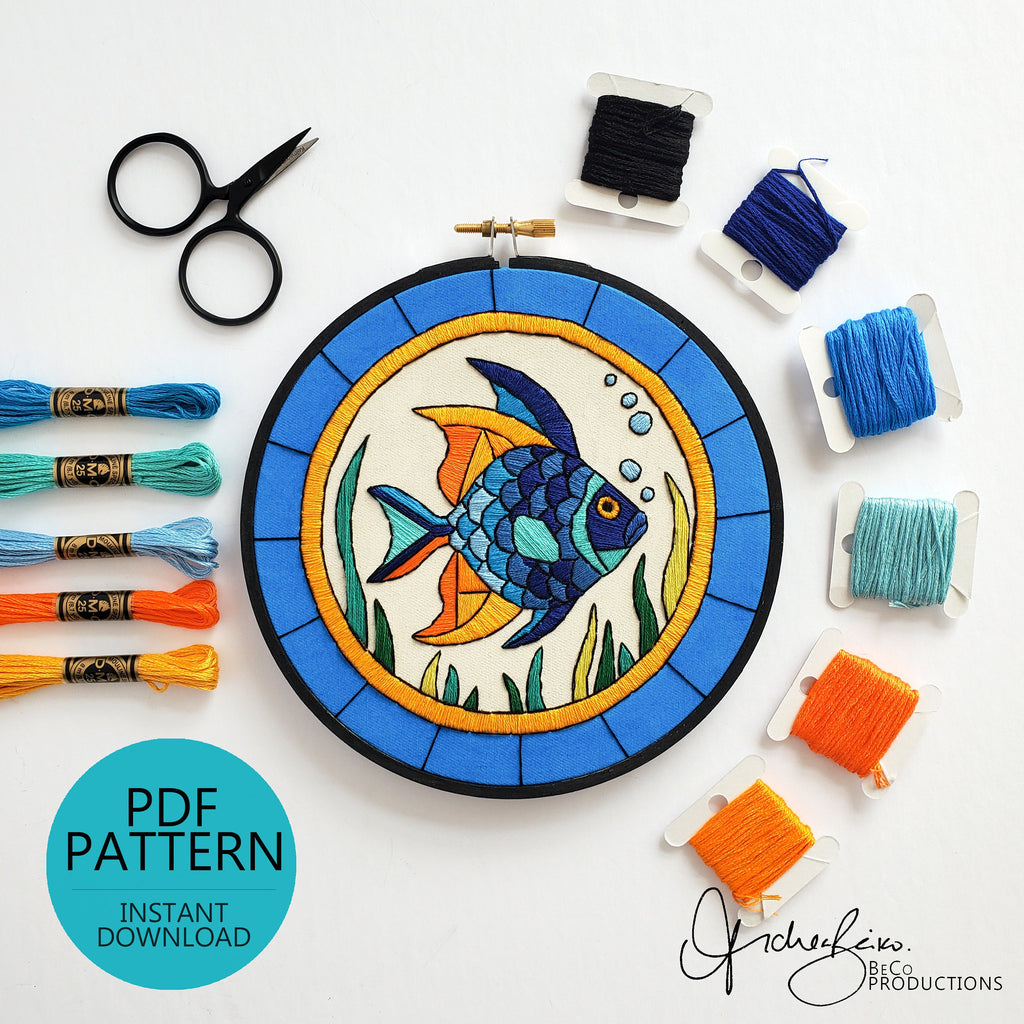 JUNE Monthly Series Stained Glass Fish- PDF Digital Download Embroidery Pattern & Guide