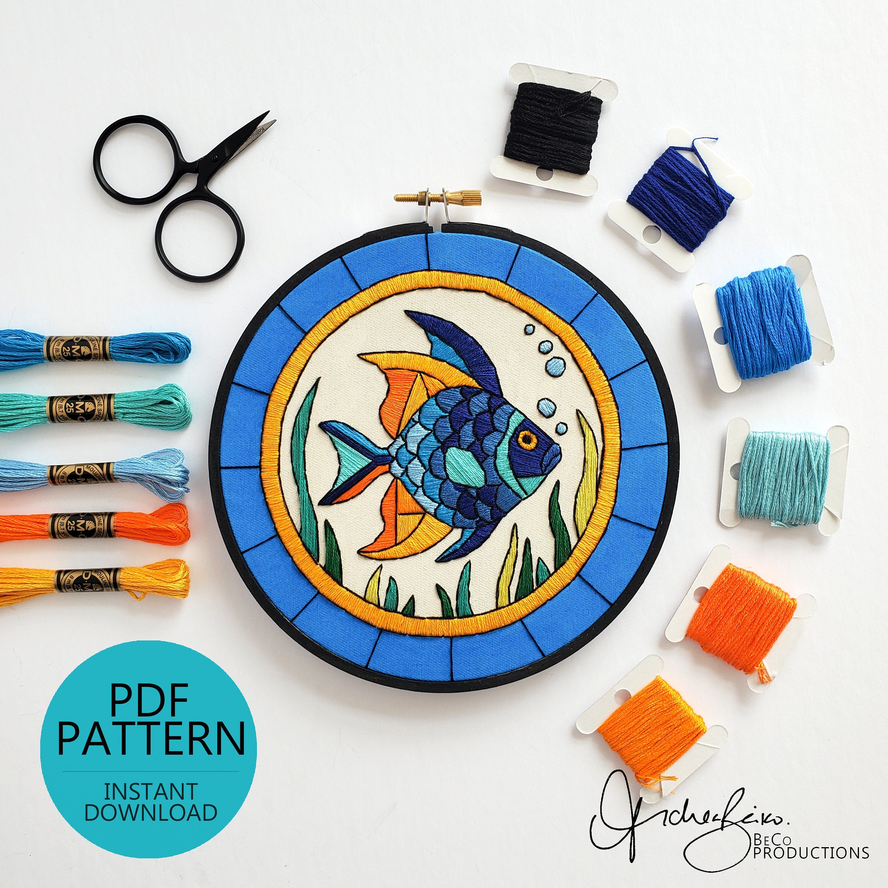 JUNE Monthly Series Stained Glass Fish- PDF Digital Download Embroidery Pattern & Guide