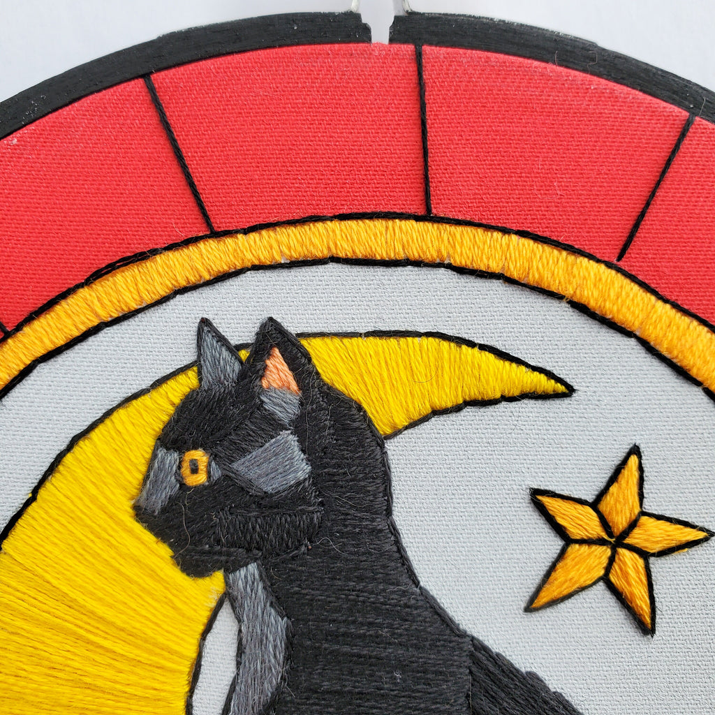 Stained Glass Halloween Black Cat - PDF Digital Download Embroidery Pattern & Guide