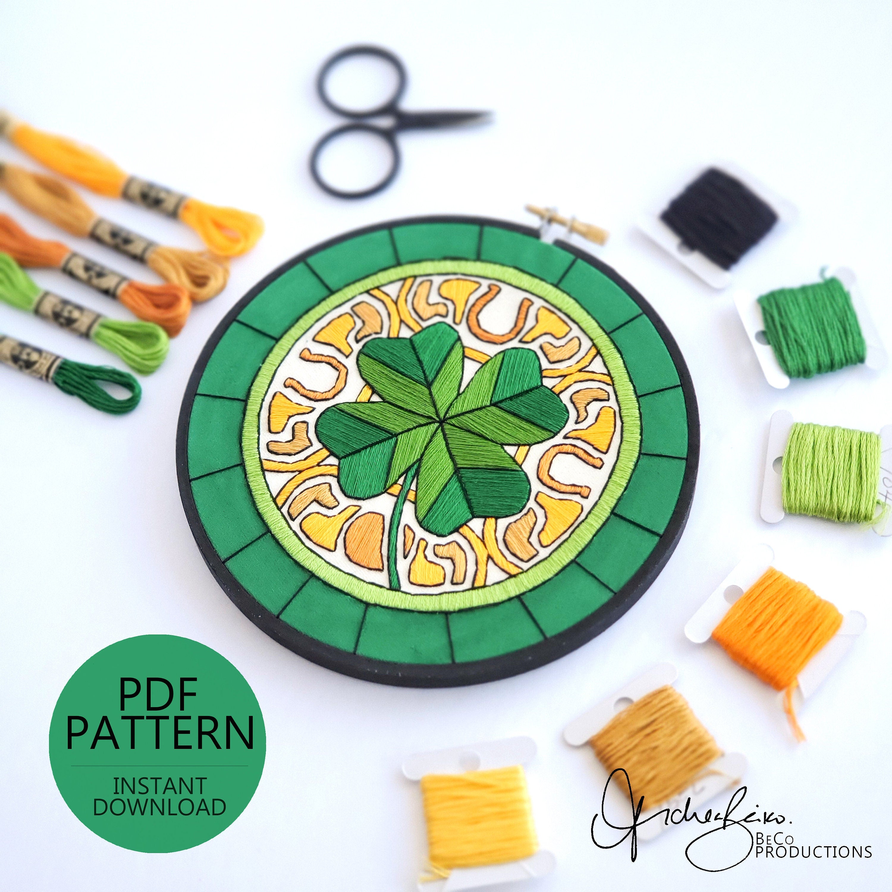 MARCH Monthly Series Stained Glass Four Leaf Clover- PDF Digital Download Embroidery Pattern & Guide
