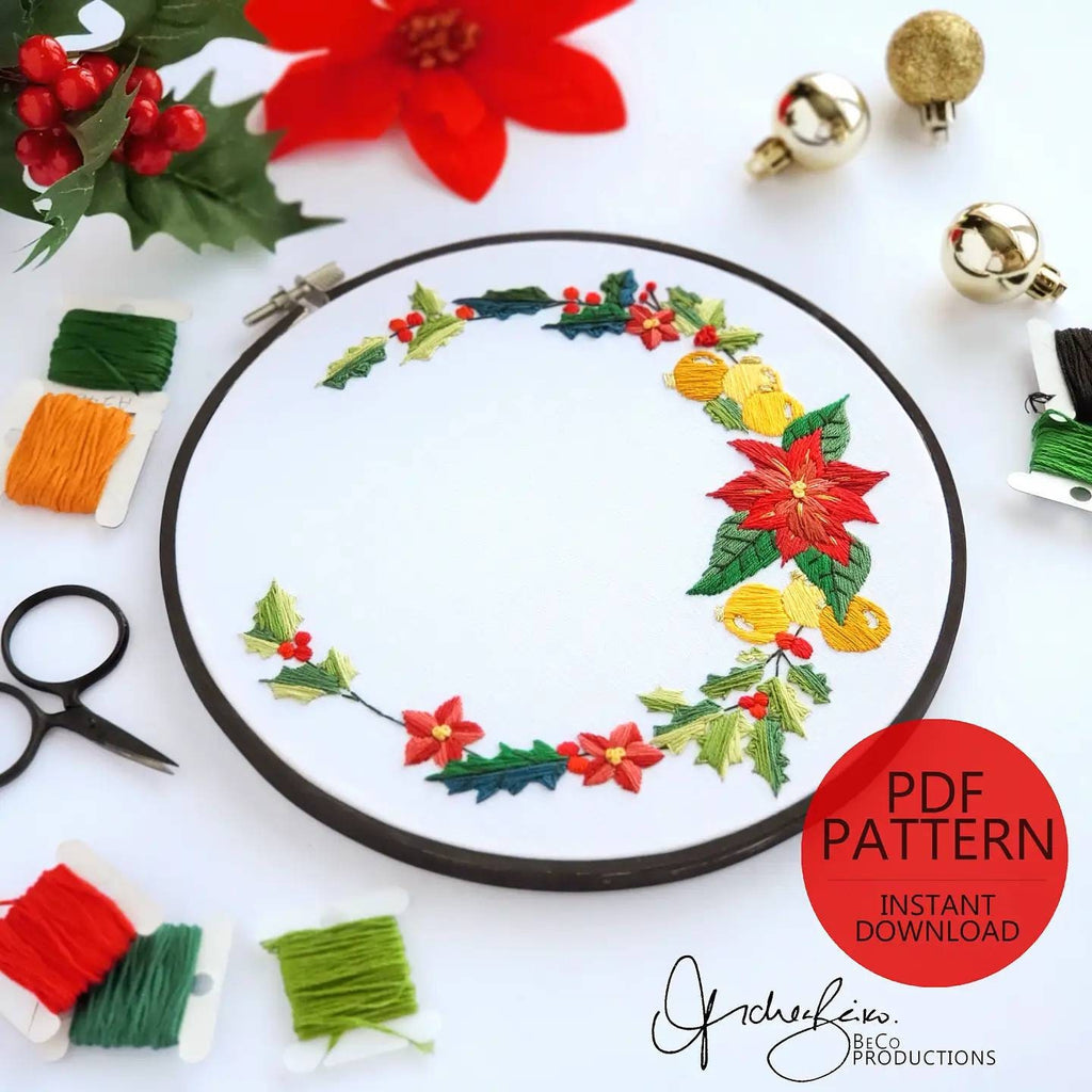 Holiday Poinsettia Wreath - PDF Digital Download Embroidery Pattern & Guide