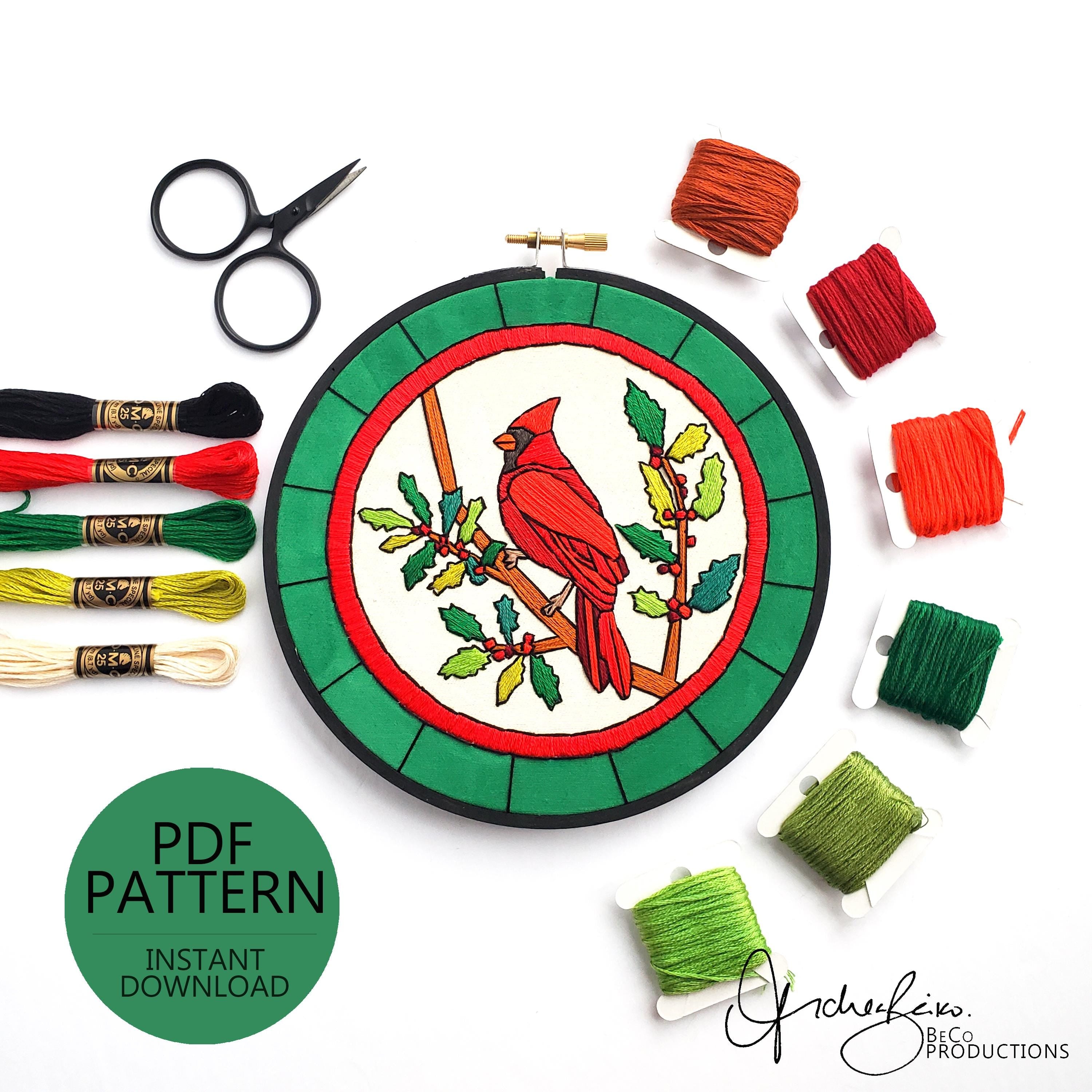 DECEMBER Monthly Series Stained Glass Cardinal - PDF Digital Download Embroidery Pattern & Guide