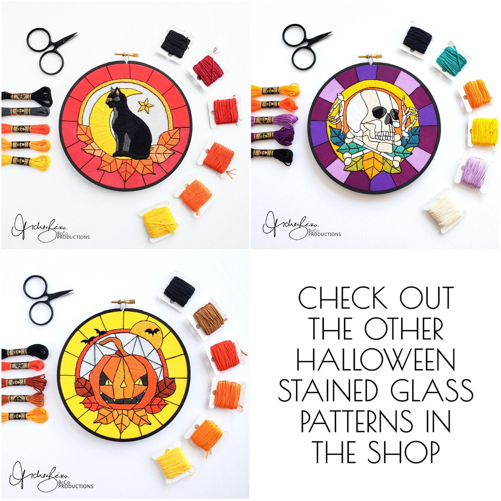 Stained Glass Halloween Jack-o-lantern - PDF Digital Download Embroidery Pattern & Guide