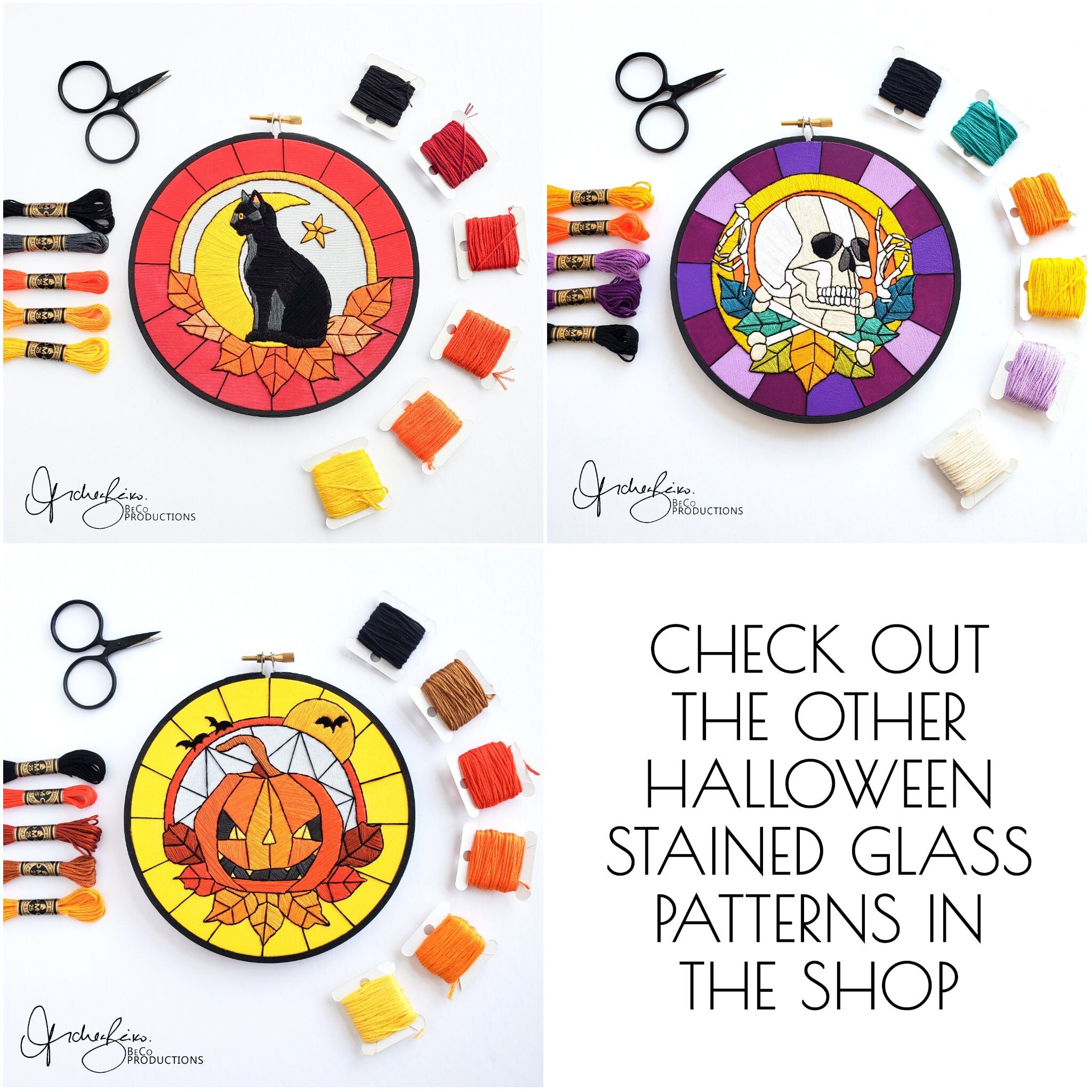 Stained Glass Halloween Jack-o-lantern - PDF Digital Download Embroidery Pattern & Guide