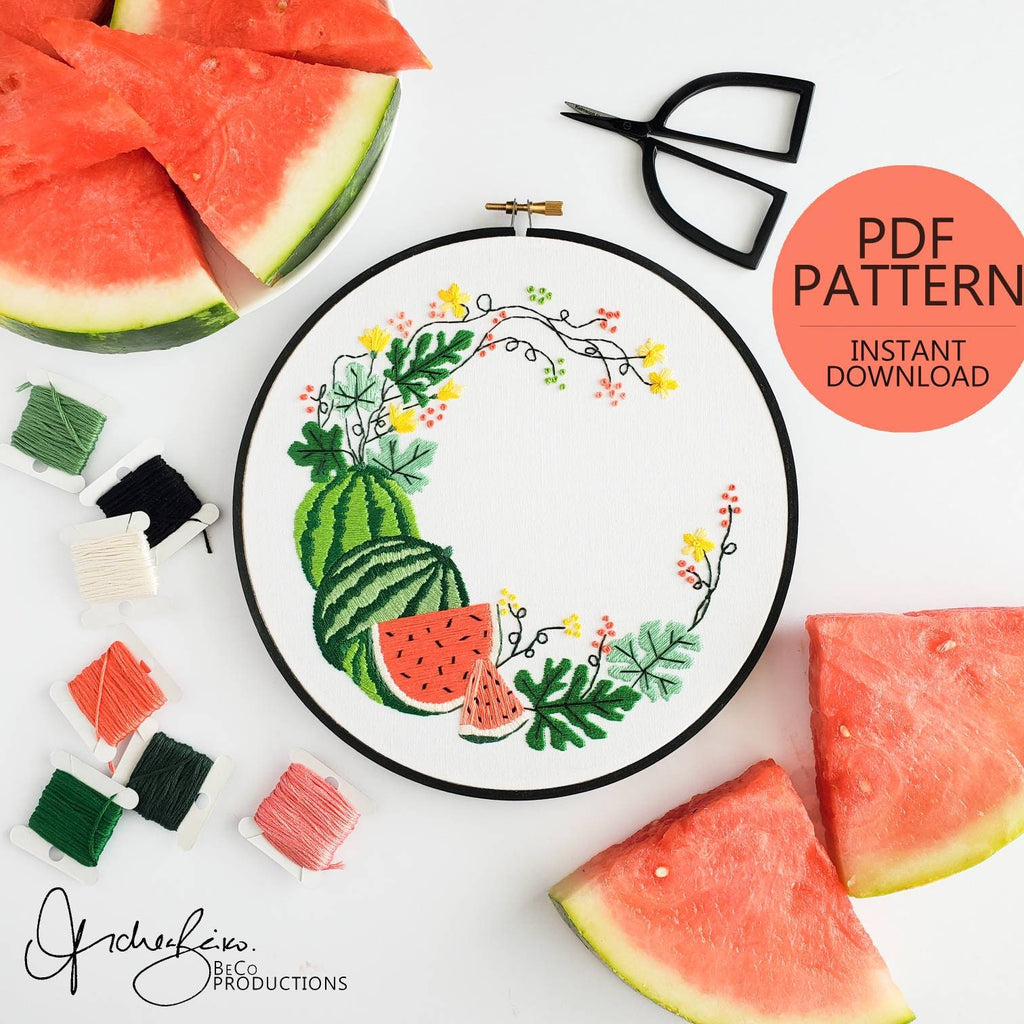 Watermelon Wreath - PDF Digital Download Embroidery Pattern & Guide