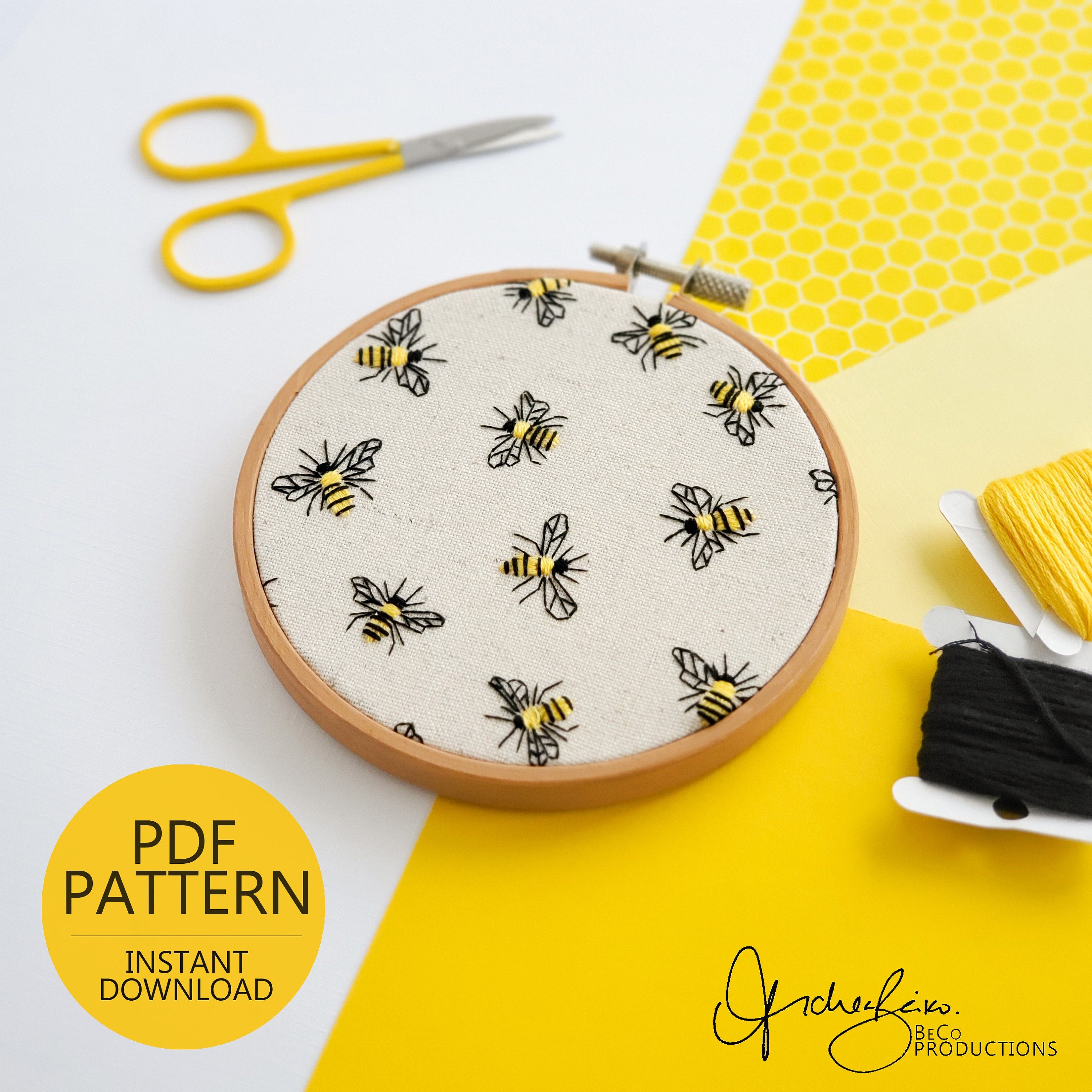 Bee Print - PDF Digital Download Embroidery Pattern & Guide