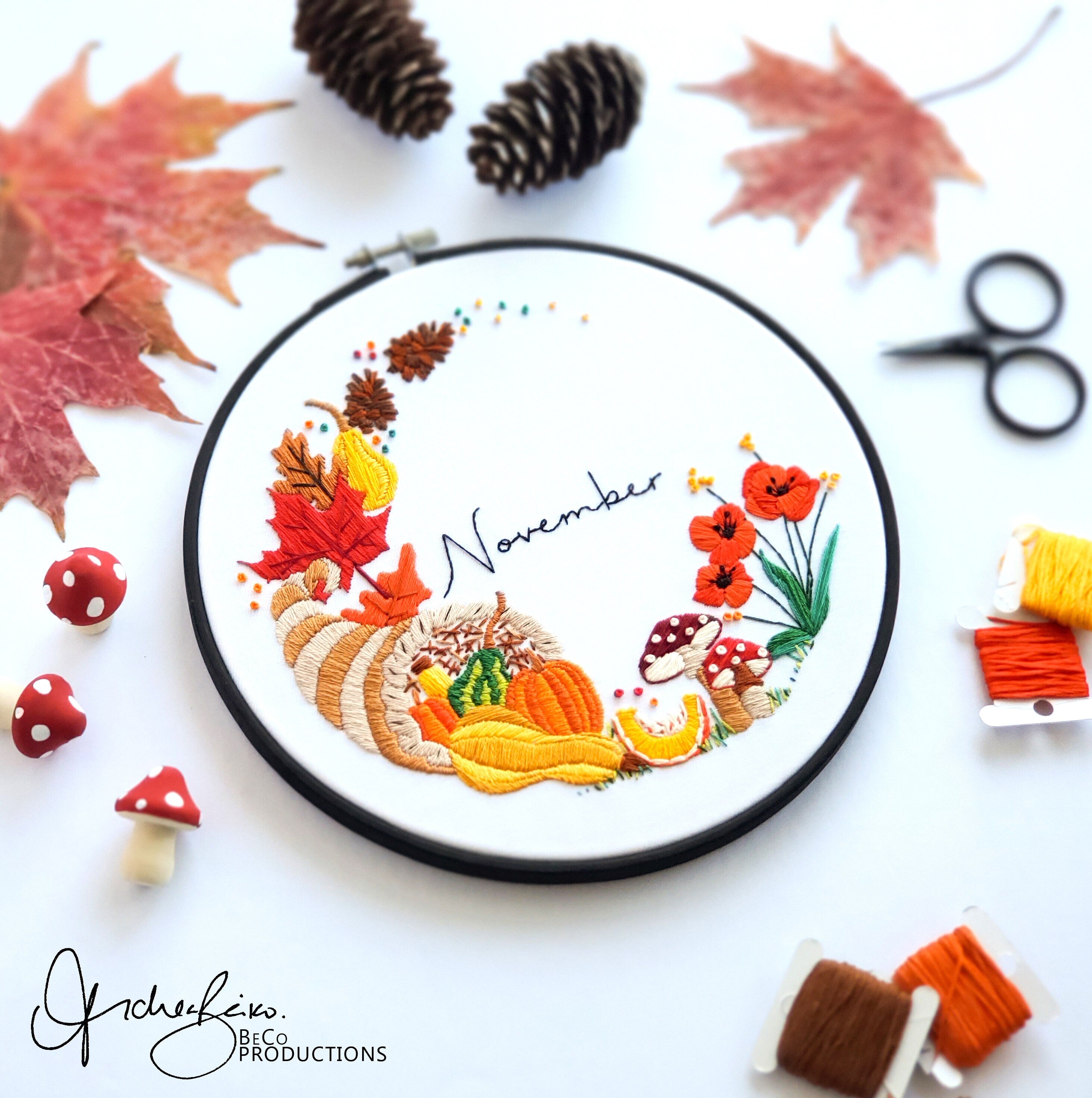NOVEMBER Monthly Series Wreath - PDF Digital Download Embroidery Pattern & Guide