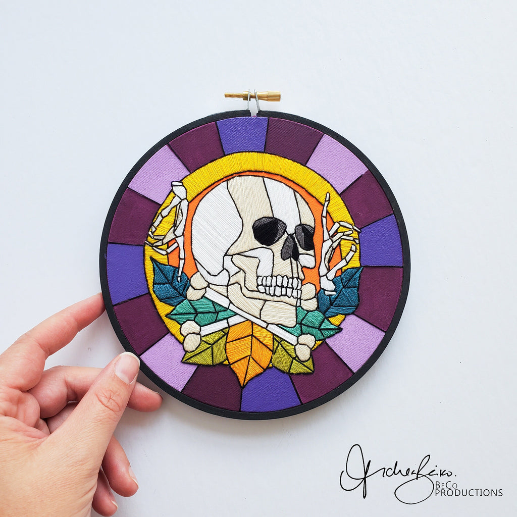 Stained Glass Halloween Skull and Bones - PDF Digital Download Embroidery Pattern & Guide