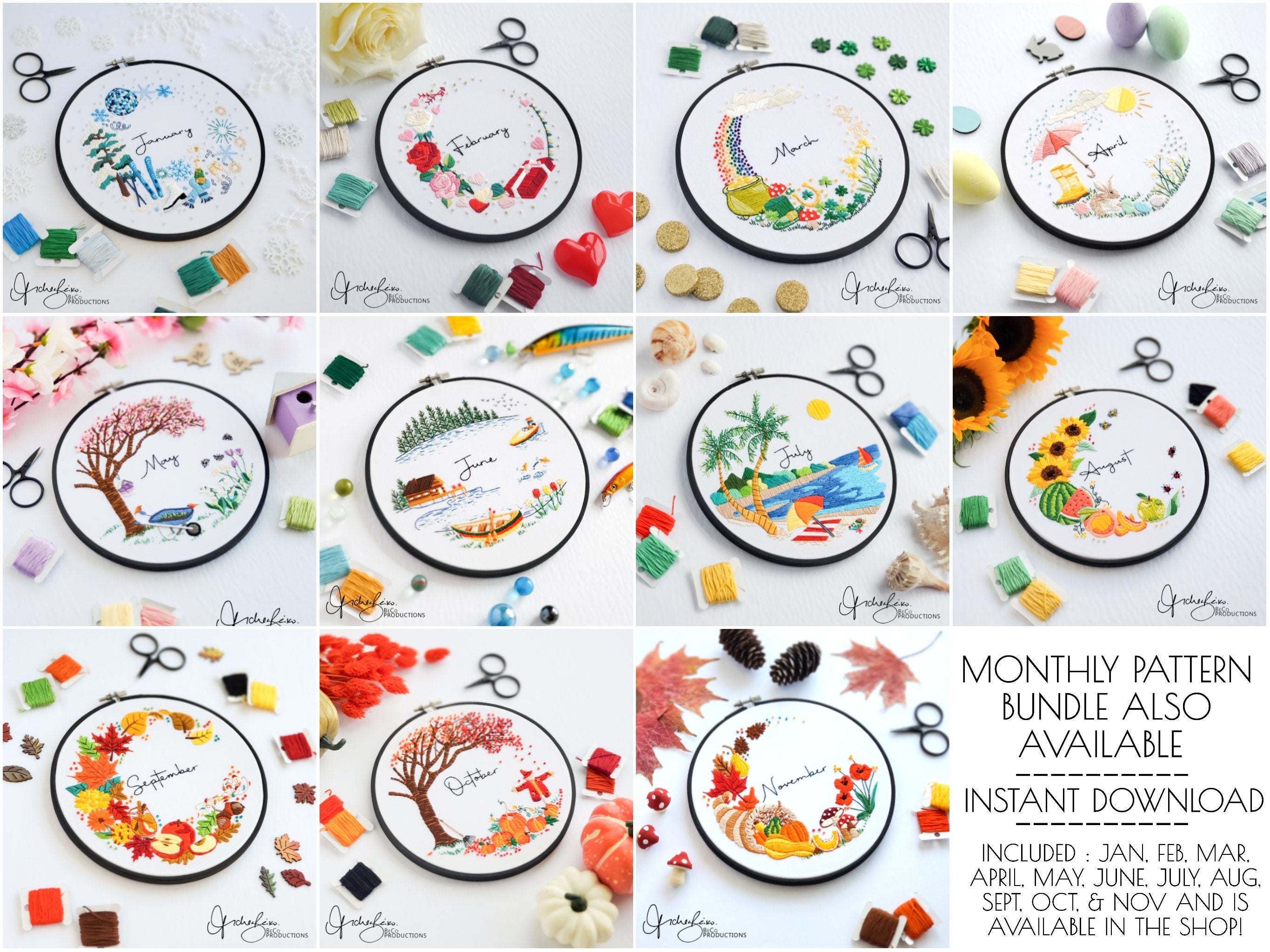 APRIL Monthly Series Wreath - PDF Digital Download Embroidery Pattern & Guide