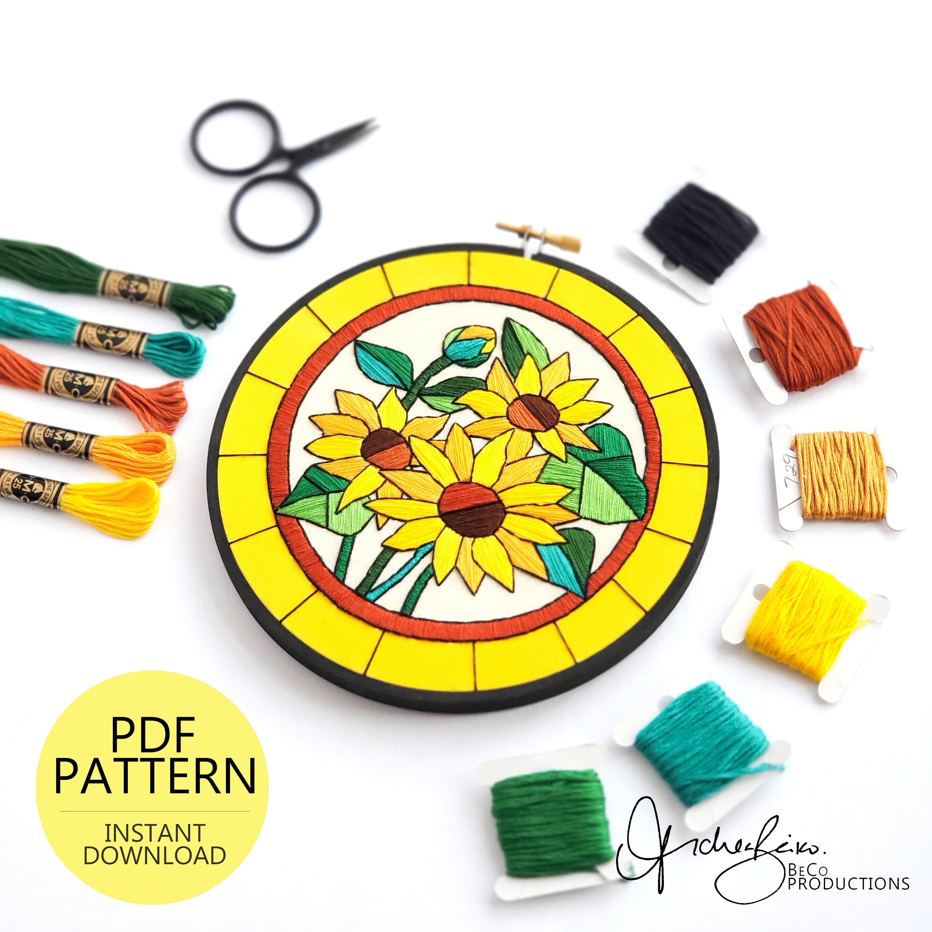 AUGUST Monthly Series Stained Glass Sunflowers- PDF Digital Download Embroidery Pattern & Guide