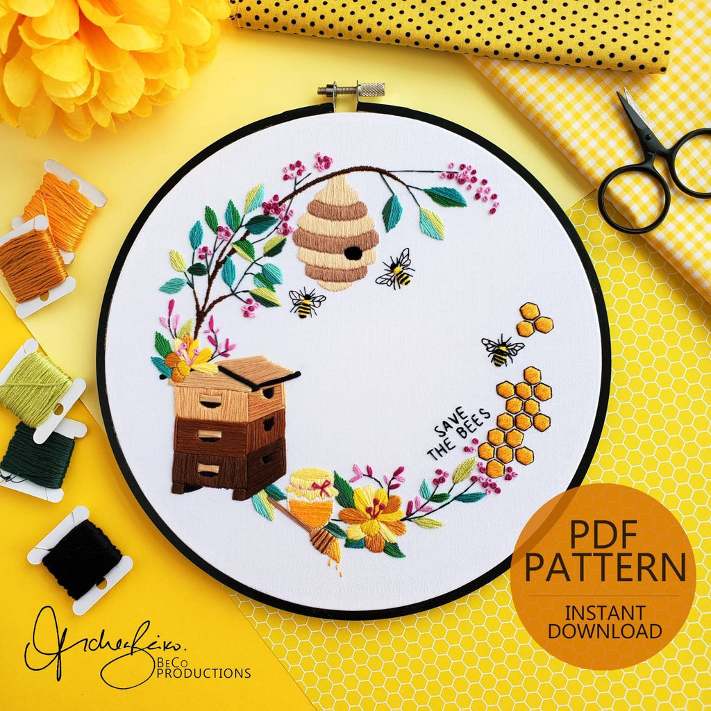 Beehive Floral Wreath - PDF Digital Download Embroidery Pattern & Guide