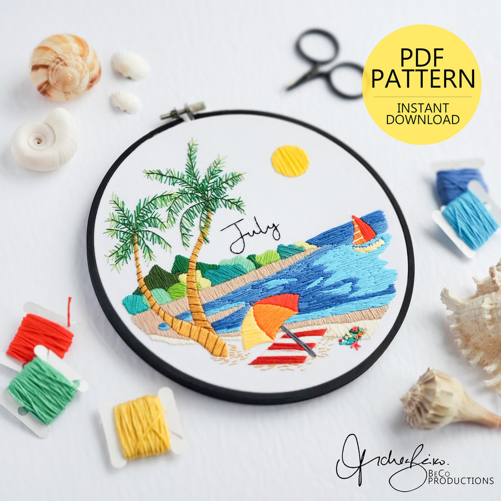JULY Monthly Series Wreath - PDF Digital Download Embroidery Pattern & Guide