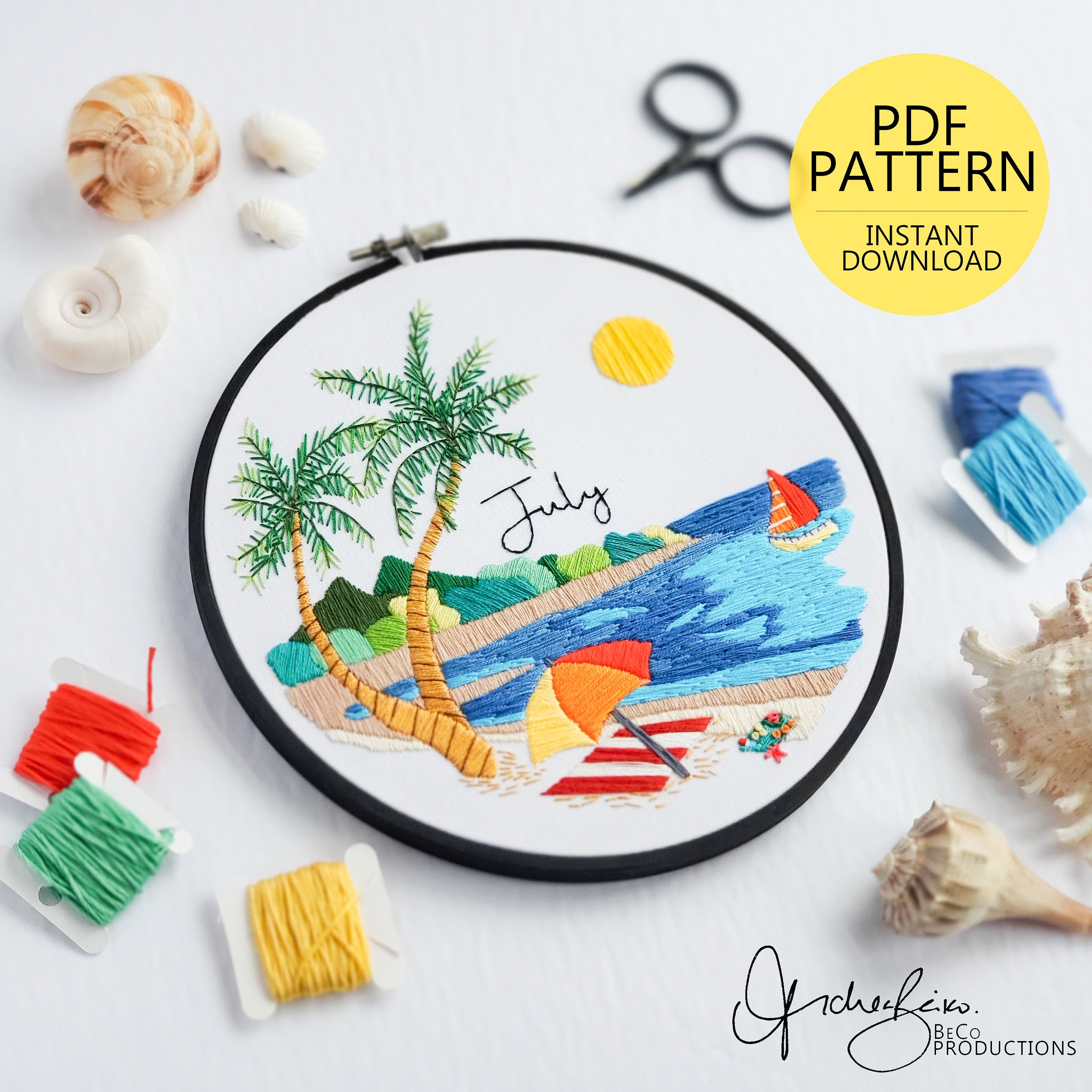 JULY Monthly Series Wreath - PDF Digital Download Embroidery Pattern & Guide