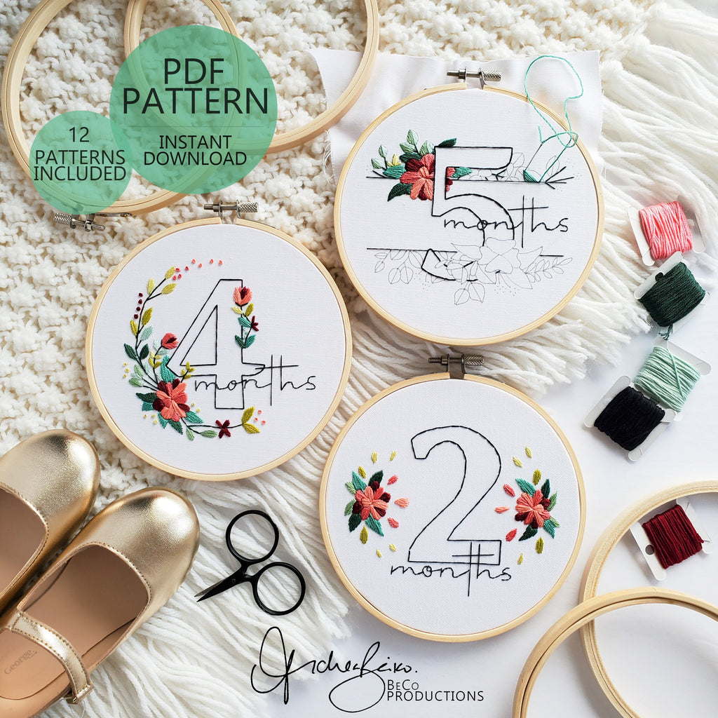 Baby Floral Milestones (6inch Hoops - 12 Patterns Total) - PDF Digital Download Embroidery Pattern & Guide