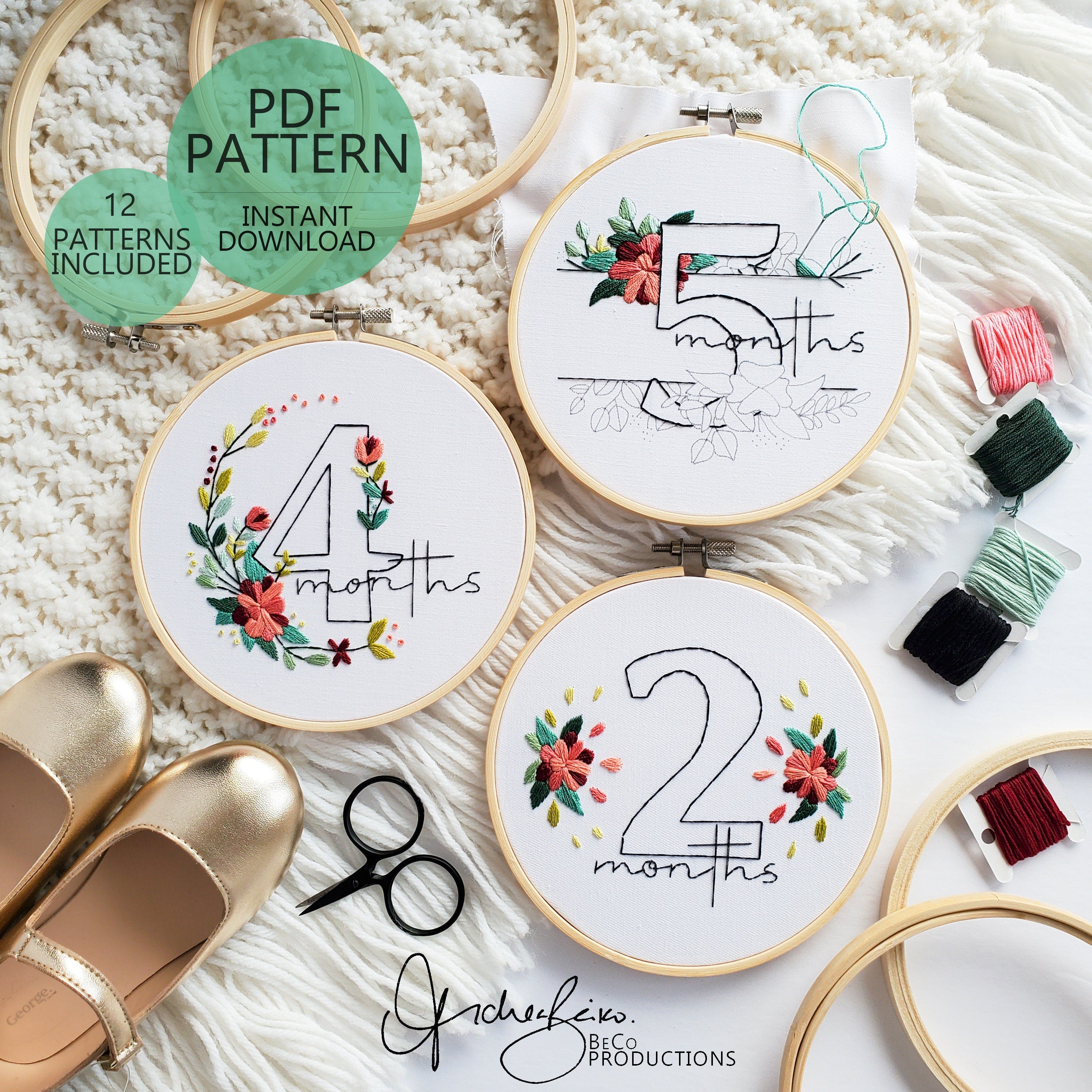 Baby Floral Milestones (6inch Hoops - 12 Patterns Total) - PDF Digital Download Embroidery Pattern & Guide