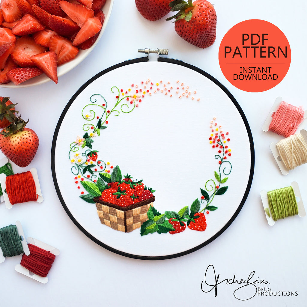Strawberry Floral Wreath - PDF Digital Download Embroidery Pattern & Guide