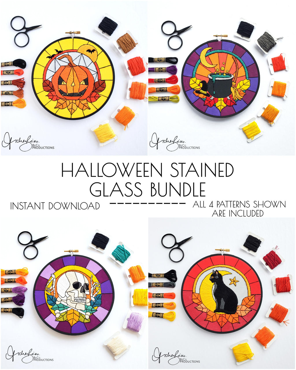 Halloween Stained Glass BUNDLE - PDF Digital Download Embroidery Pattern & Guide