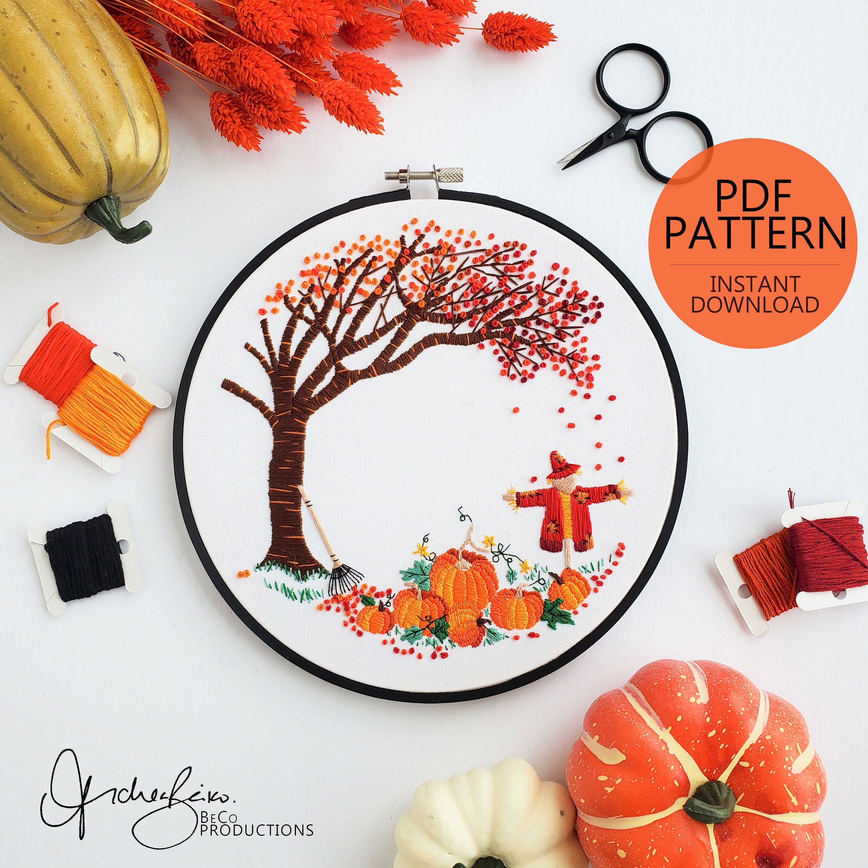Fall Pumpkin Patch - PDF Digital Download Embroidery Pattern & Guide