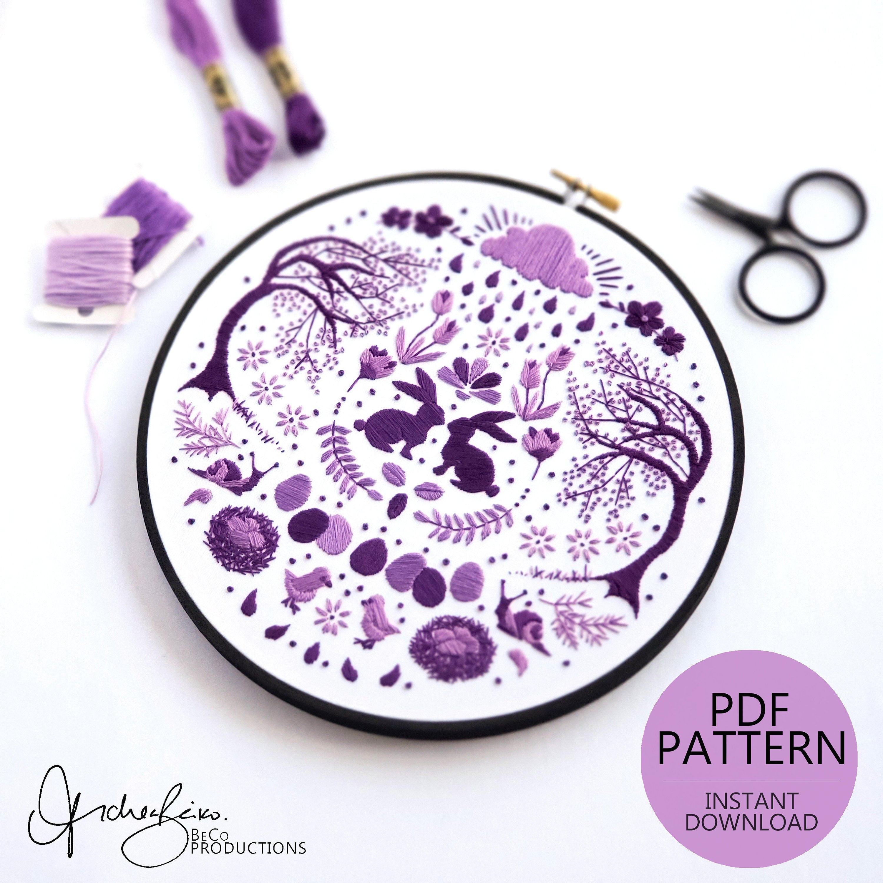 APRIL Monthly Monochromatic Folk Art Inspired Series - PDF Digital Download Embroidery Pattern & Guide