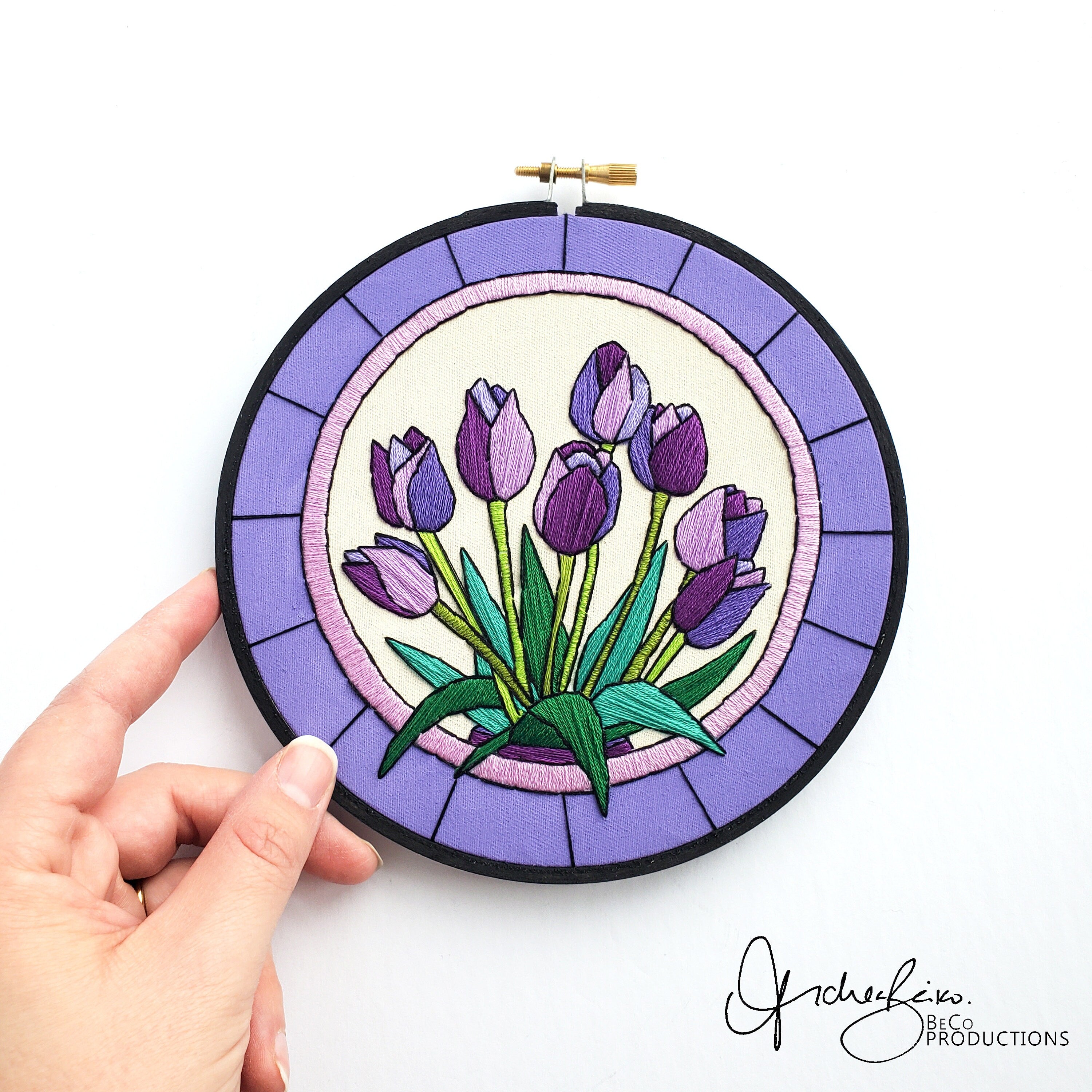 APRIL Monthly Series Stained Glass Tulips - PDF Digital Download Embroidery Pattern & Guide