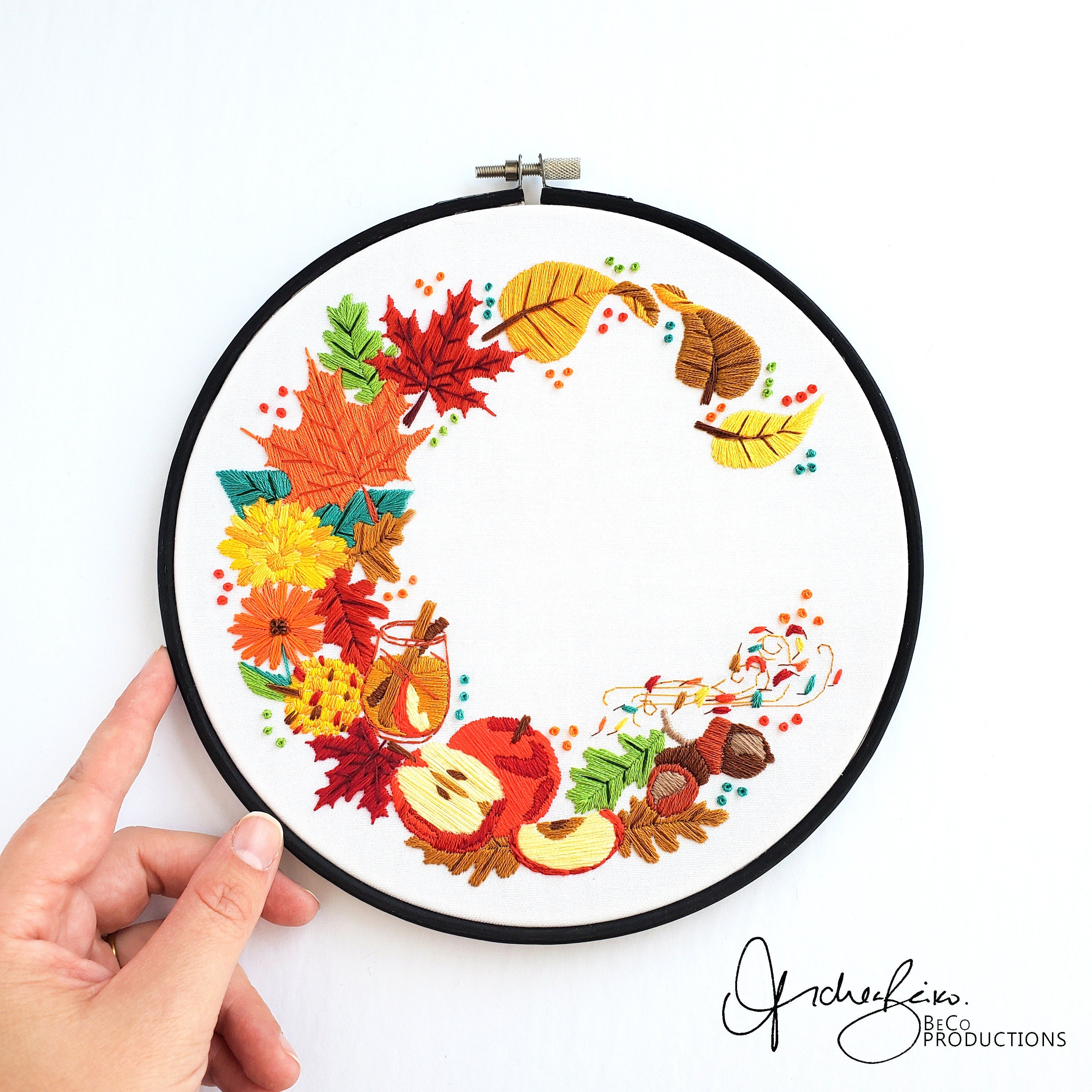 Leafy Autumn Wreath - PDF Digital Download Embroidery Pattern & Guide