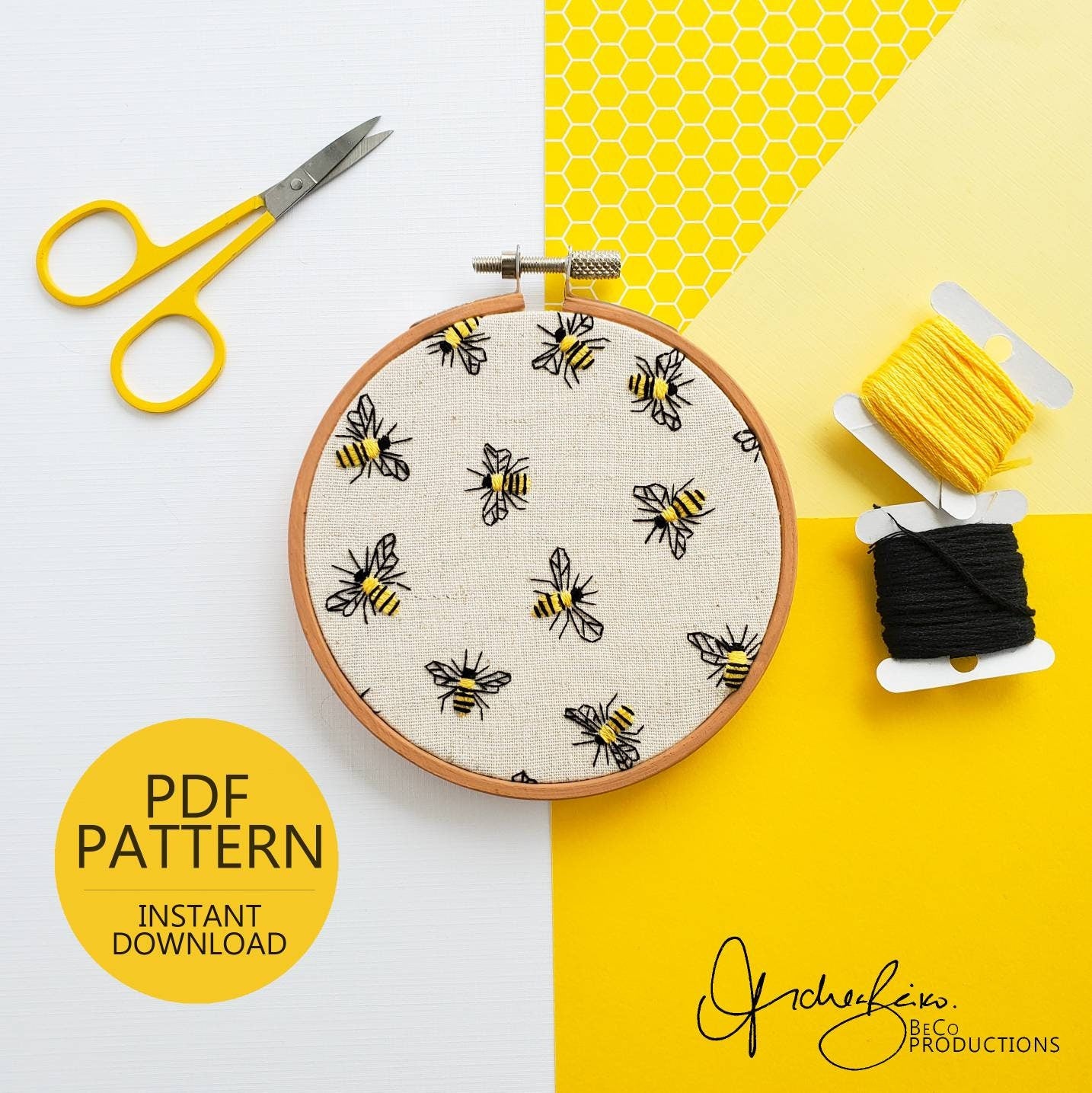 Bee Print - PDF Digital Download Embroidery Pattern & Guide