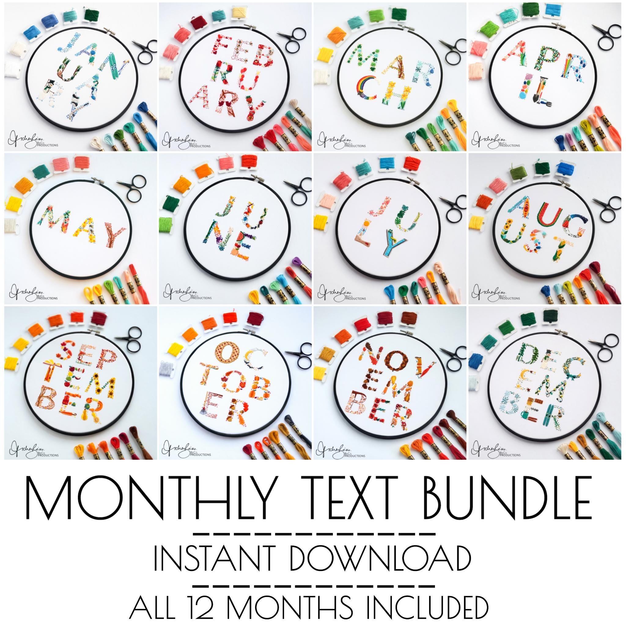 Monthly Text Bundle - PDF Digital Download Embroidery Series Pattern & Guide