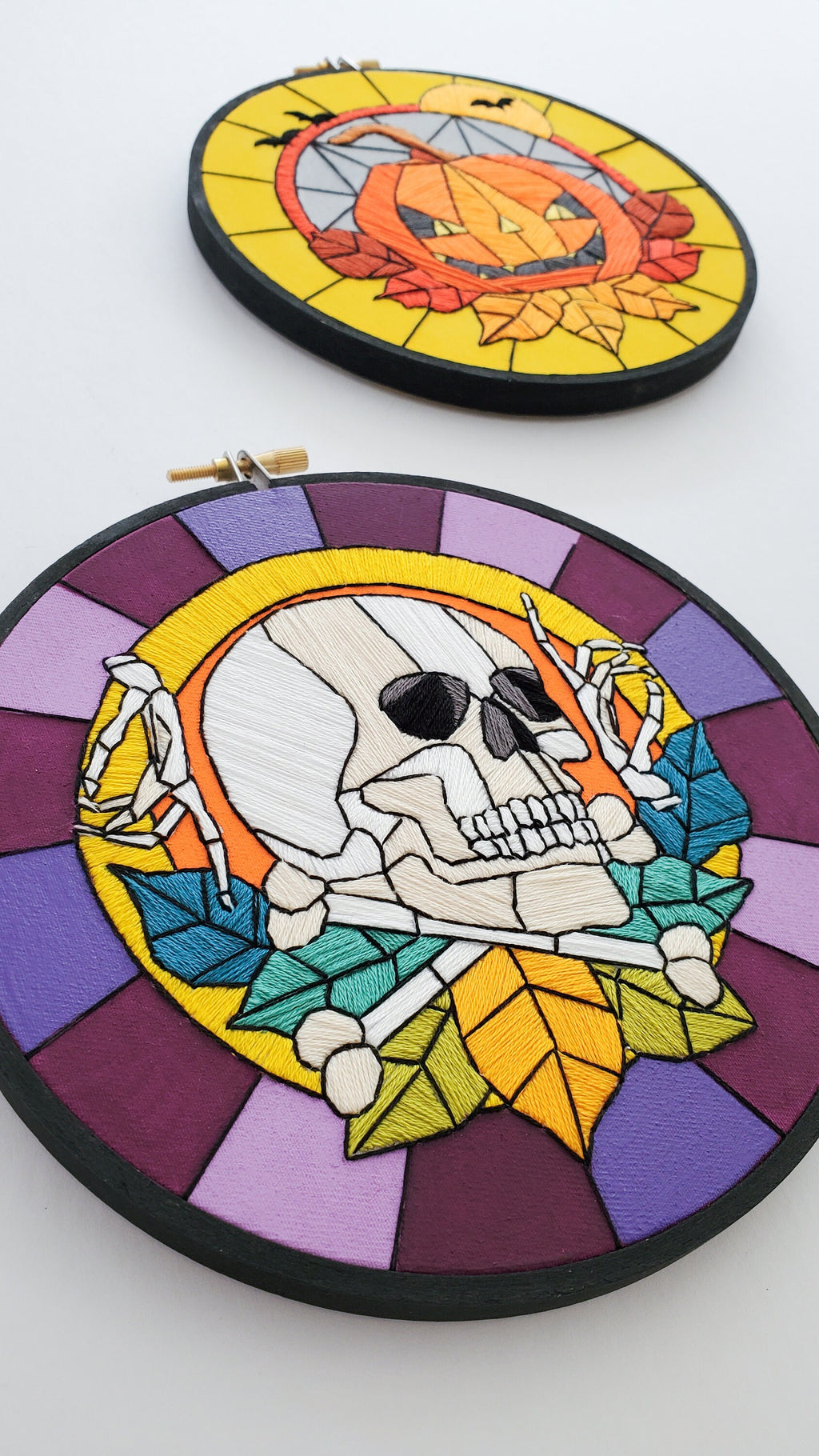 Stained Glass Halloween Skull and Bones - PDF Digital Download Embroidery Pattern & Guide