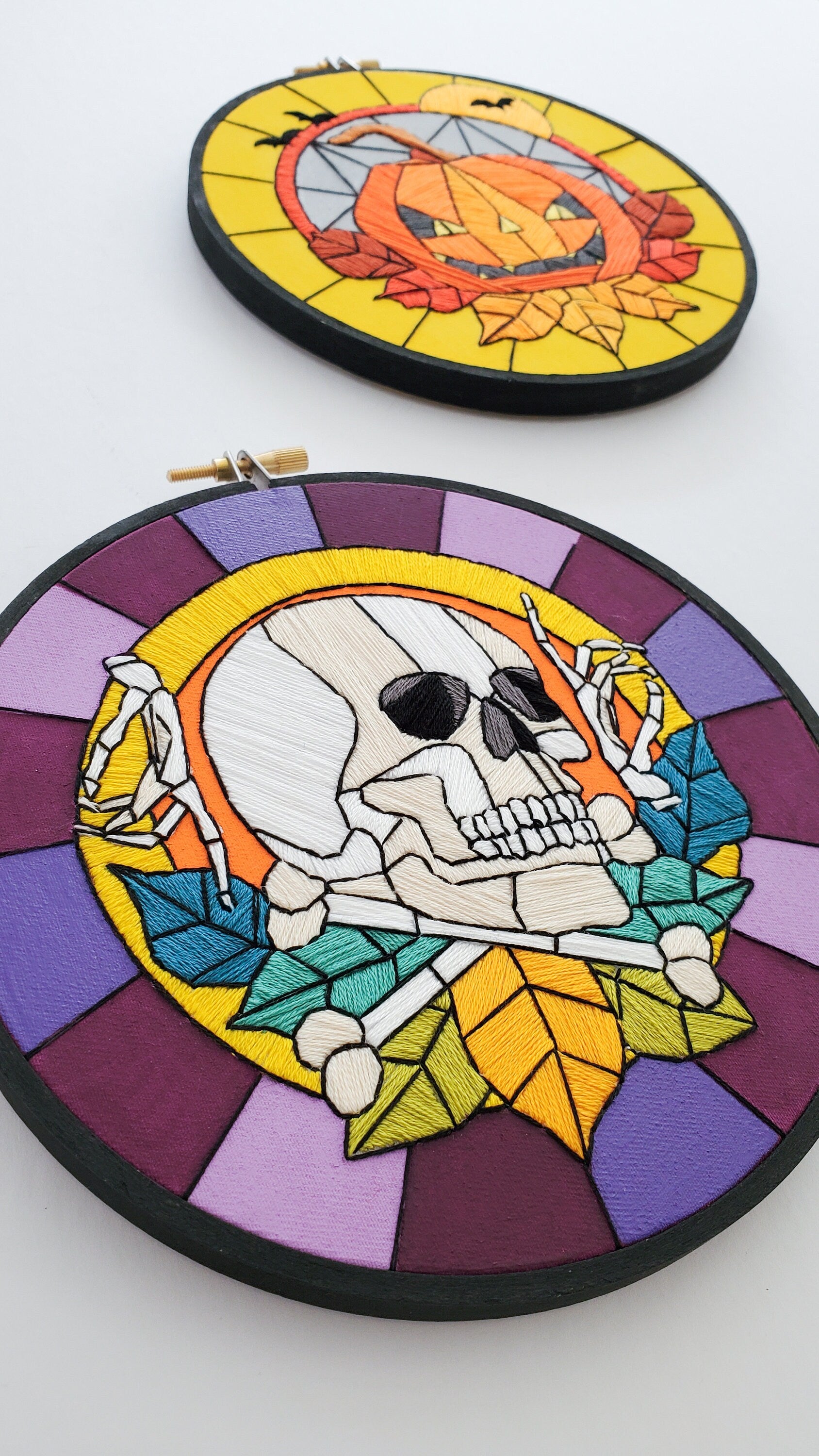 Stained Glass Halloween Skull and Bones - PDF Digital Download Embroidery Pattern & Guide