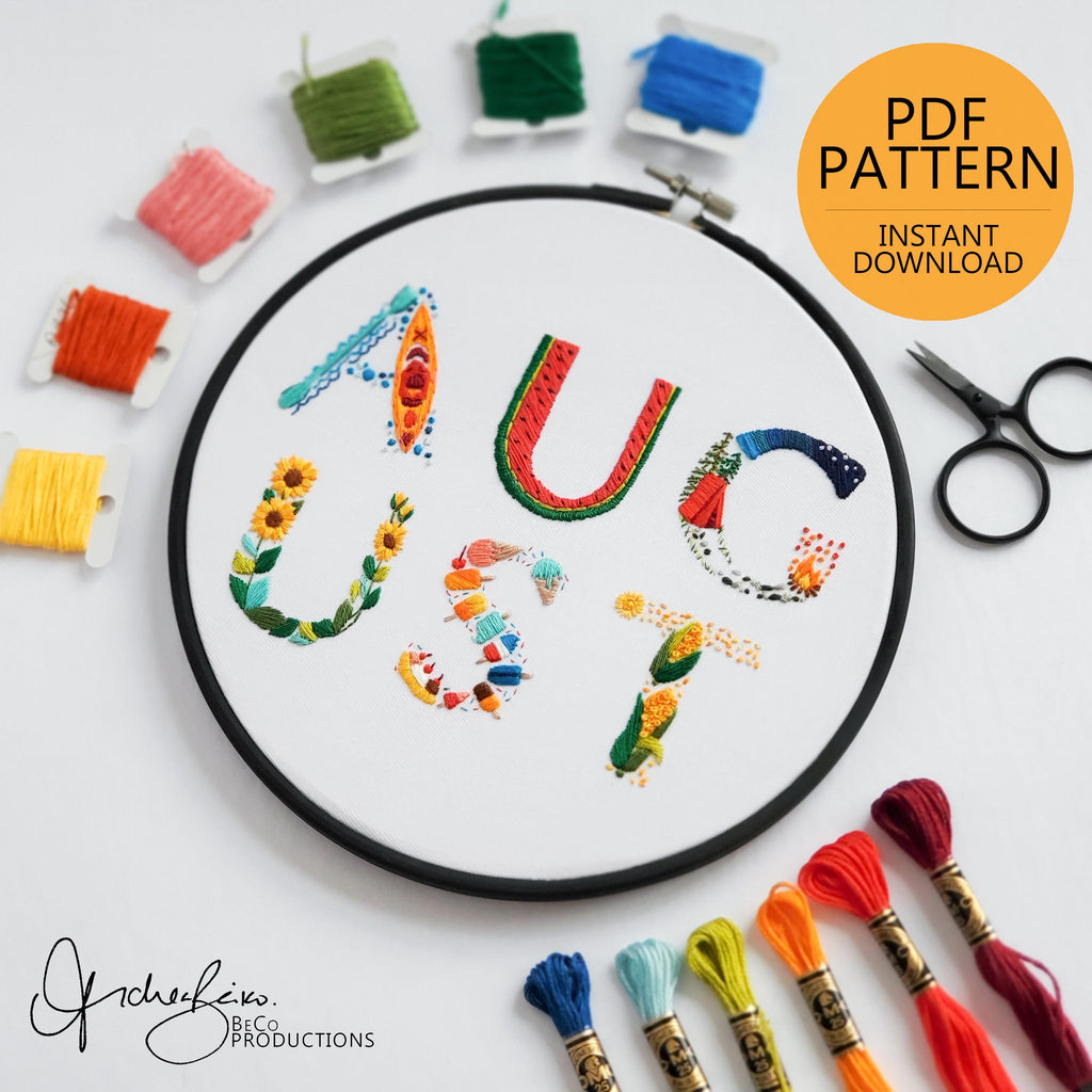 AUGUST Monthly Text Series - PDF Digital Download Embroidery Series Pattern & Guide