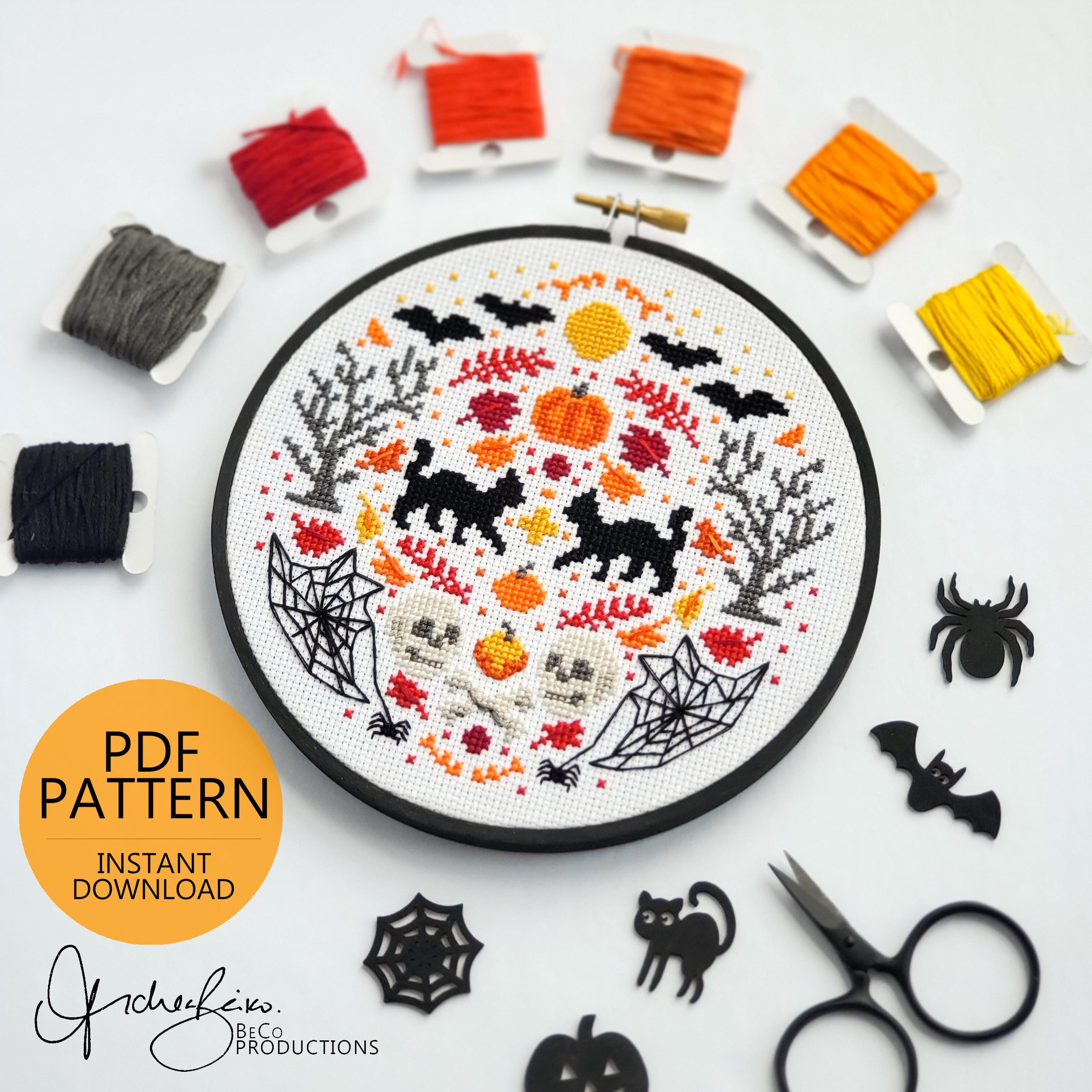 HALLOWEEN Folk Art Inspired Series Cross Stitch Pattern & Guide, DIY Digital Download, PDF Pattern (BeCoProductions) Halloween Stitch