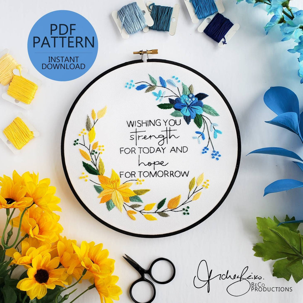 Blue and Yellow Floral Wreath - PDF Digital Download Embroidery Pattern & Guide
